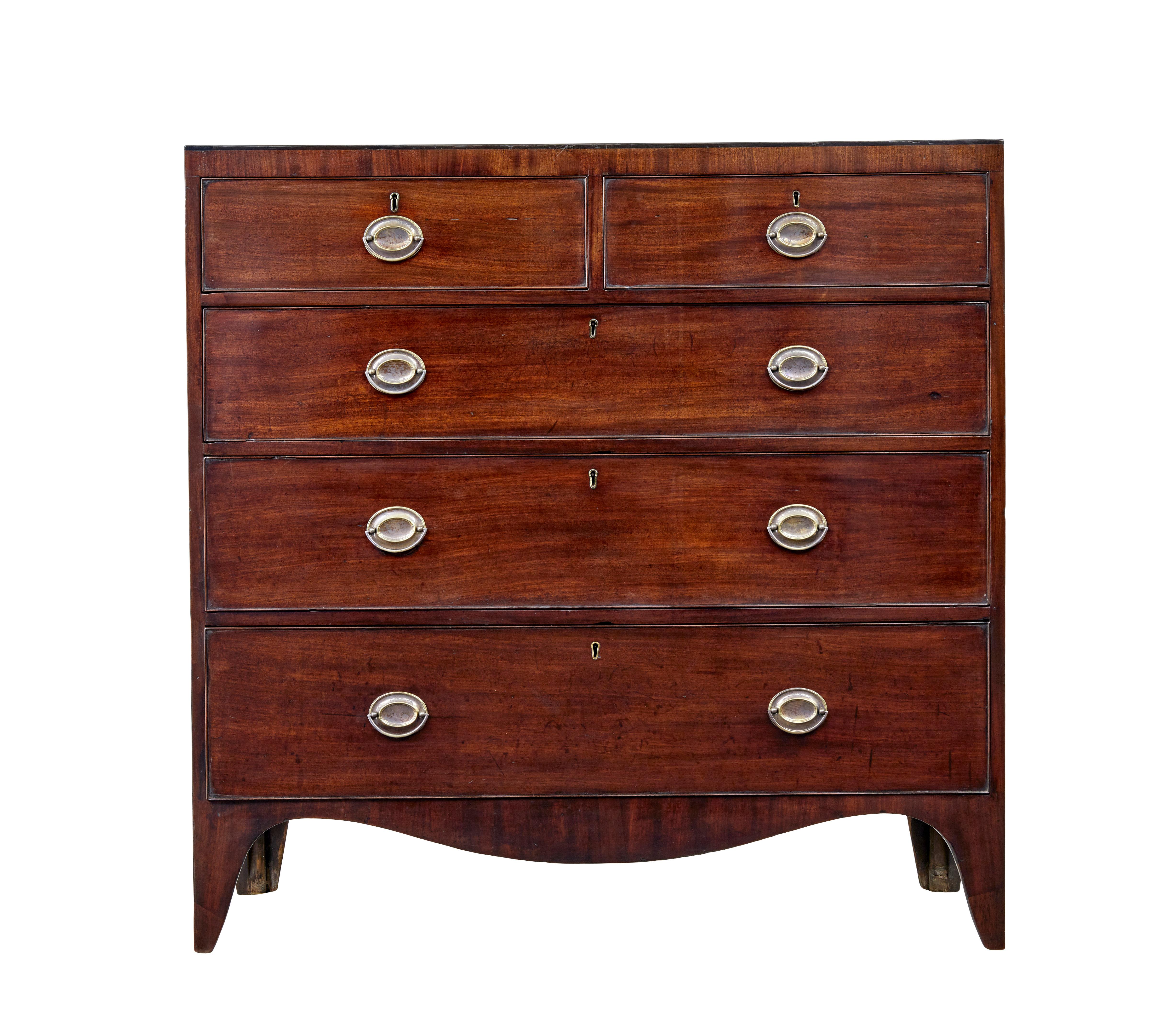 19th century mahogany chest of drawers circa 1880.

Good quality 19th century chest of drawers in the regency taste ready for everyday use.  Straight design with ebonised stringing to the top surface.  2 over 3 drawer layout with a slight graduating