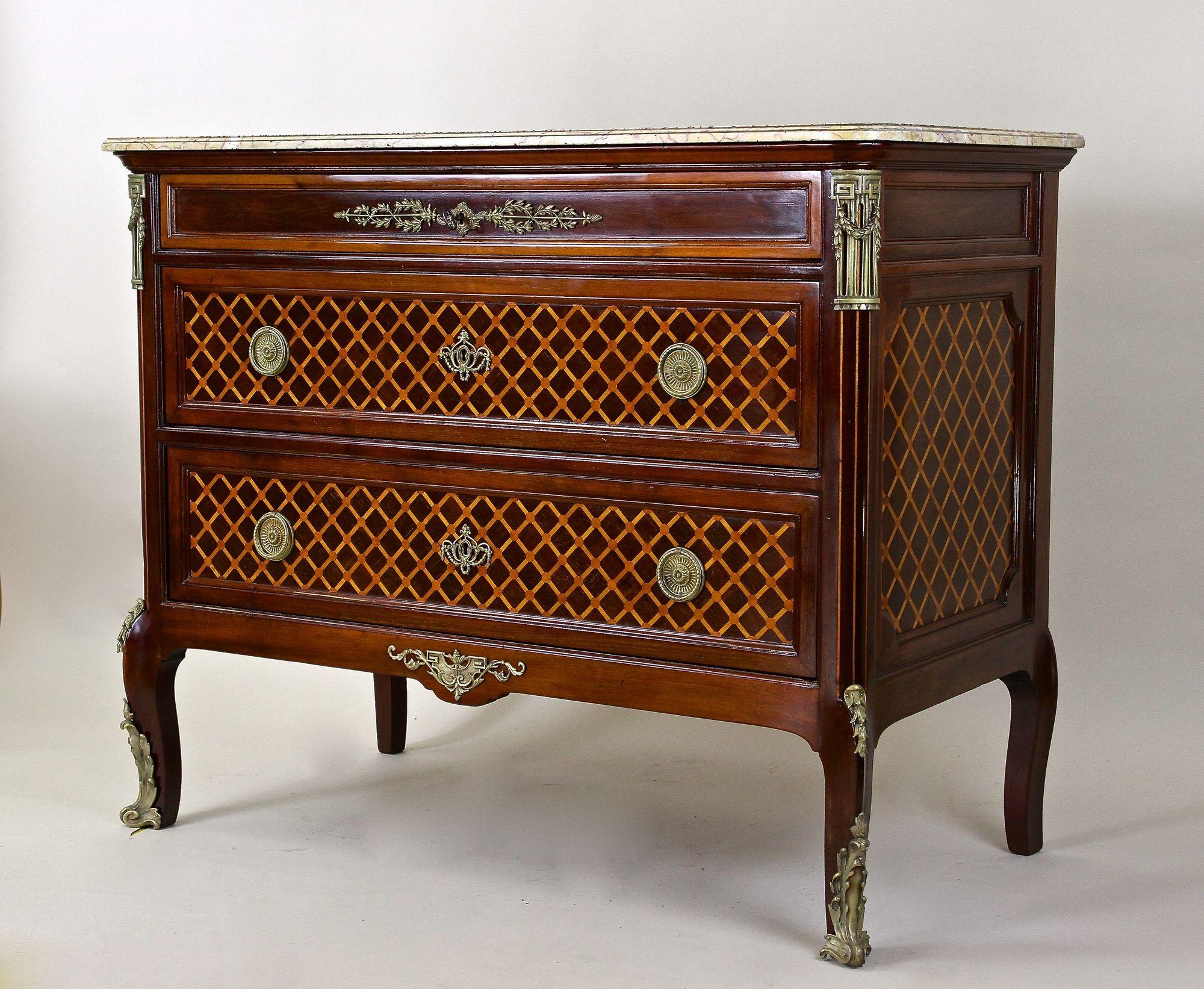 Brass 19th Century Mahogany Chest Of Drawers With Marquetry Works, France circa 1870 For Sale