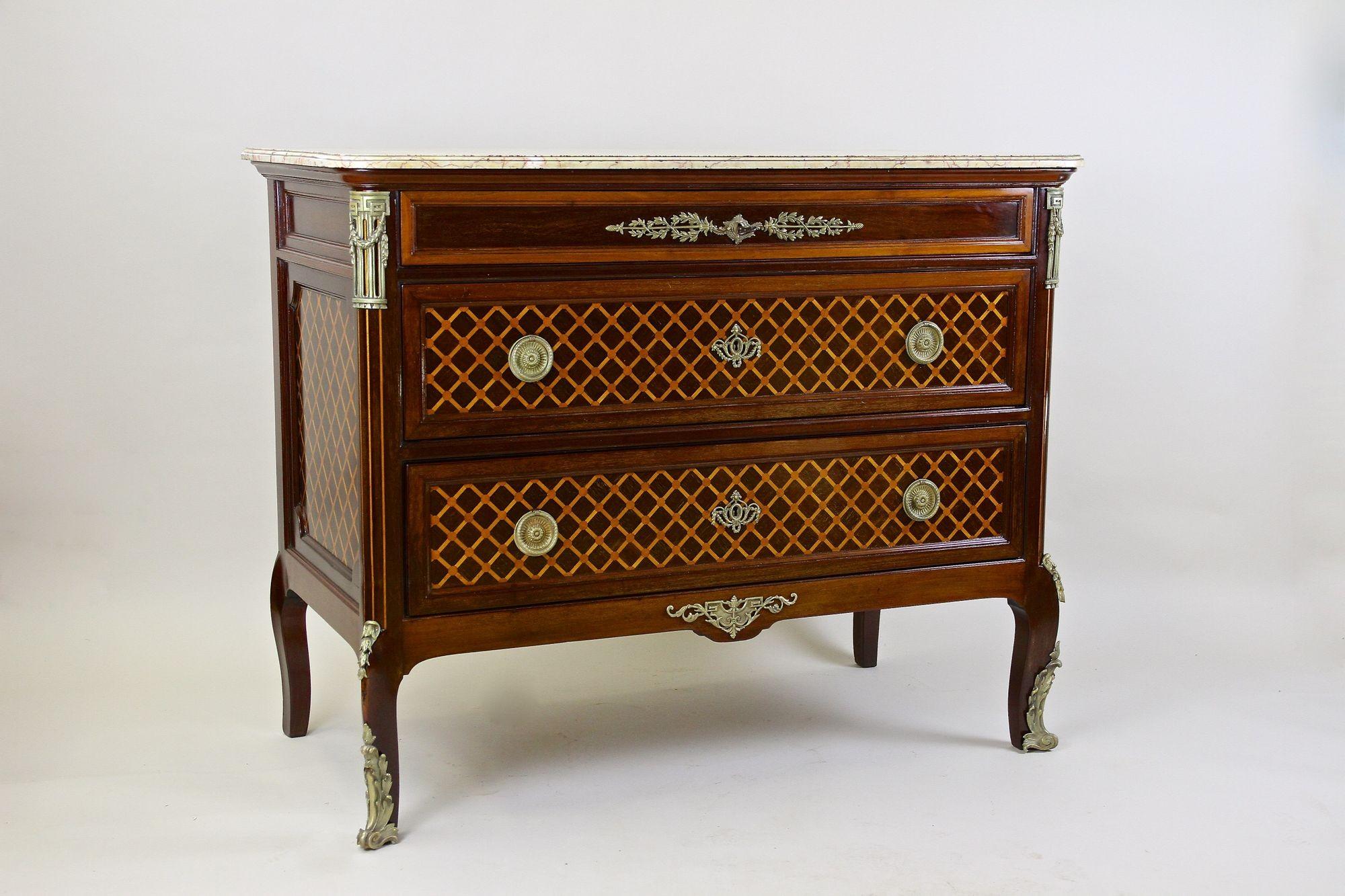 19th Century Mahogany Chest Of Drawers With Marquetry Works, France circa 1870 For Sale 2