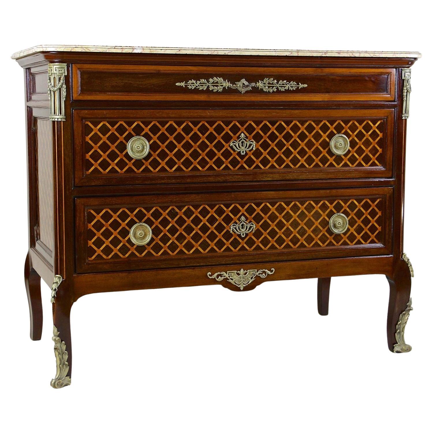 19th Century Mahogany Chest Of Drawers With Marquetry Works, France circa 1870 For Sale