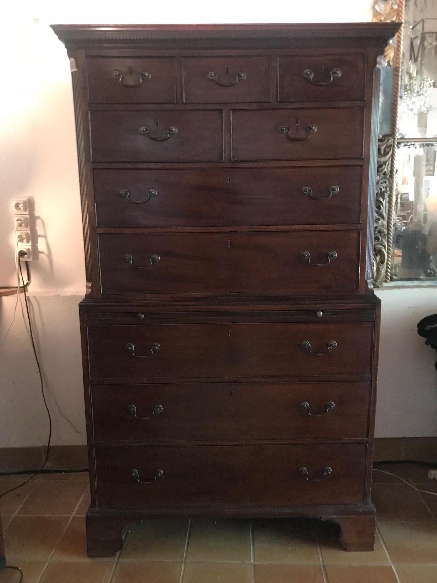 Polished 19th Century Mahogany Chest on Chest Tall Boy with Sleeve