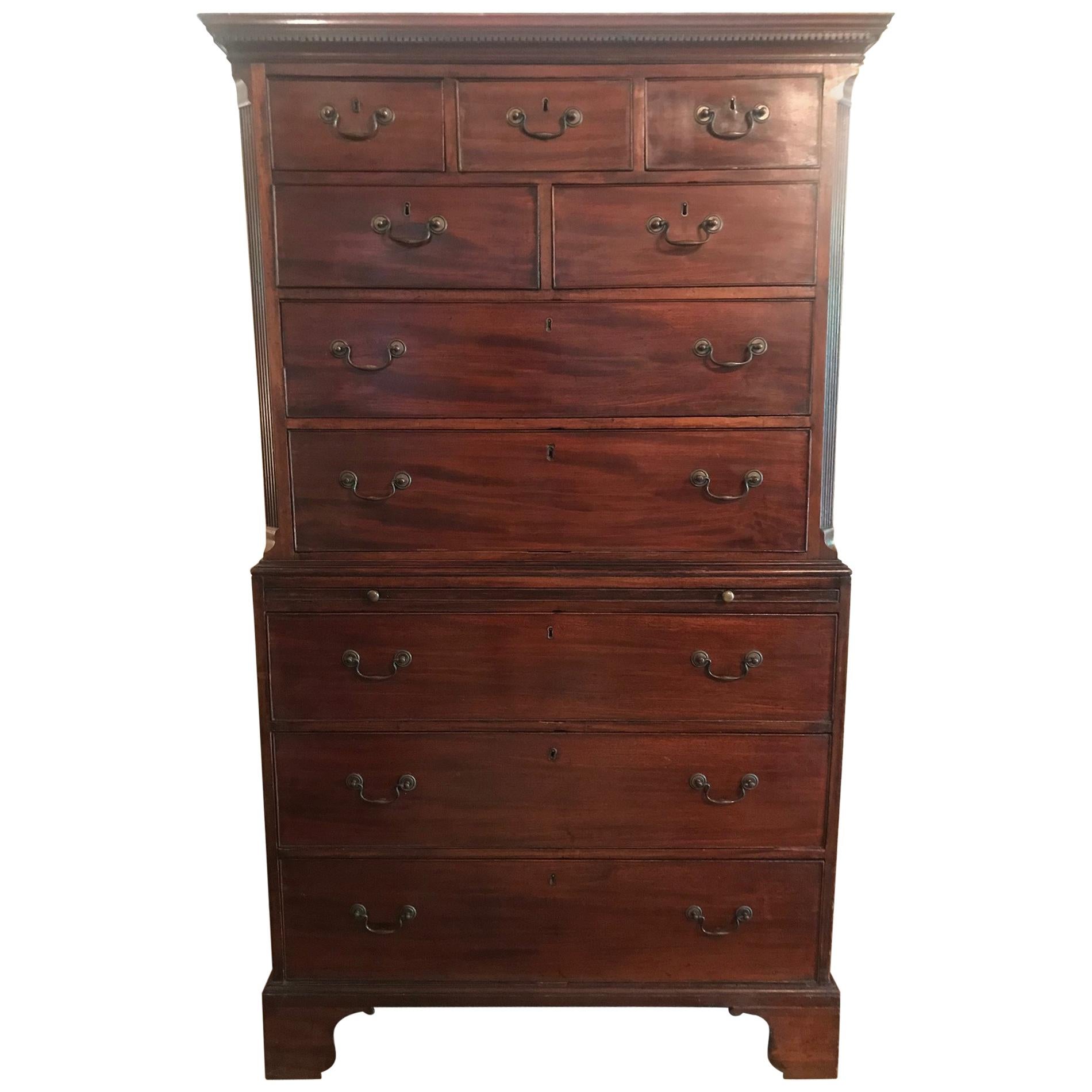 19th Century Mahogany Chest on Chest Tall Boy with Sleeve