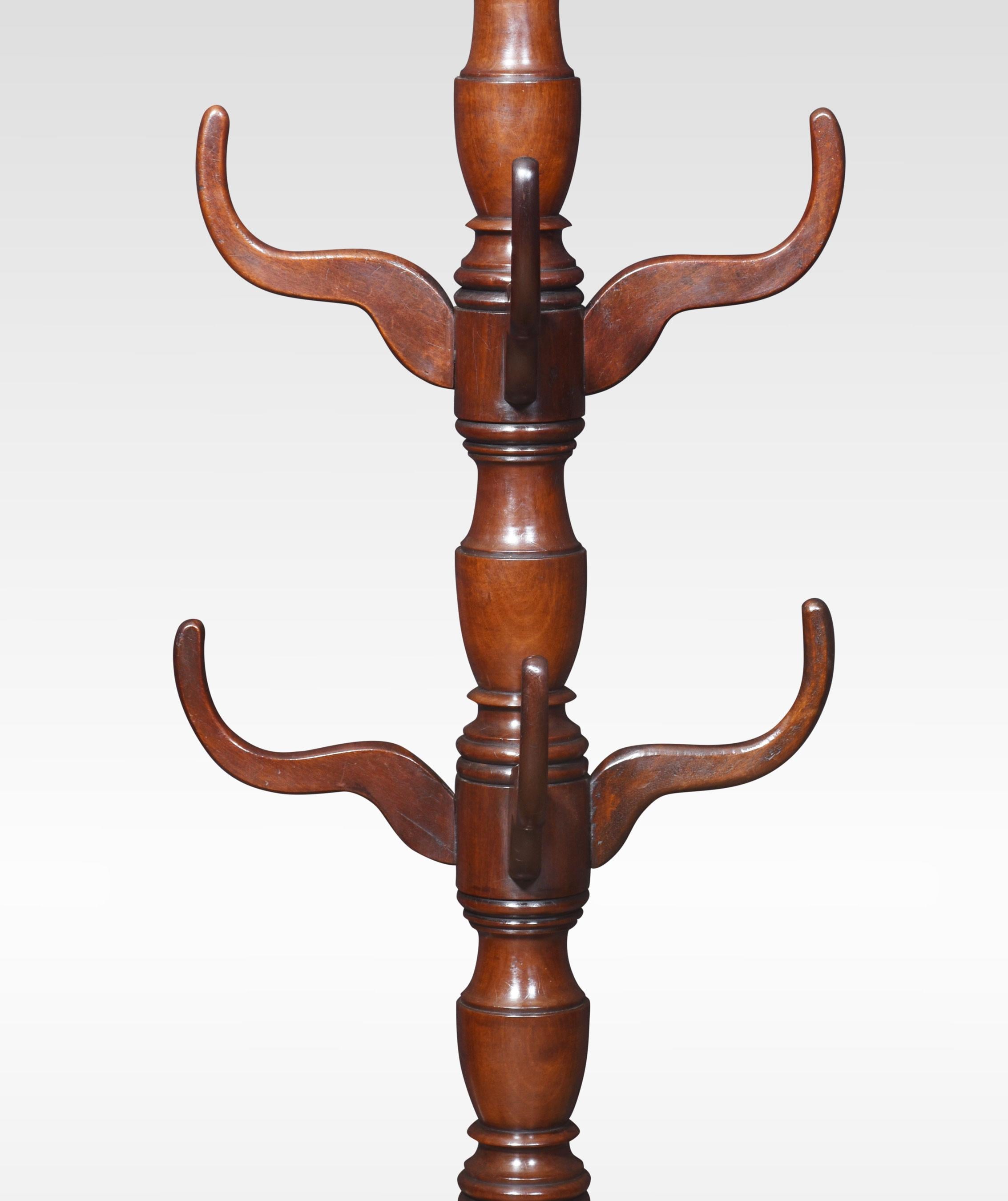 19th Century mahogany coat stand. The acorn finial above the turned stem is fitted with four tiers of three-coat hooks. All raised up on splayed supports.
Dimensions
Height 79 Inches
Width 24.5 Inches
Depth 22 Inches
