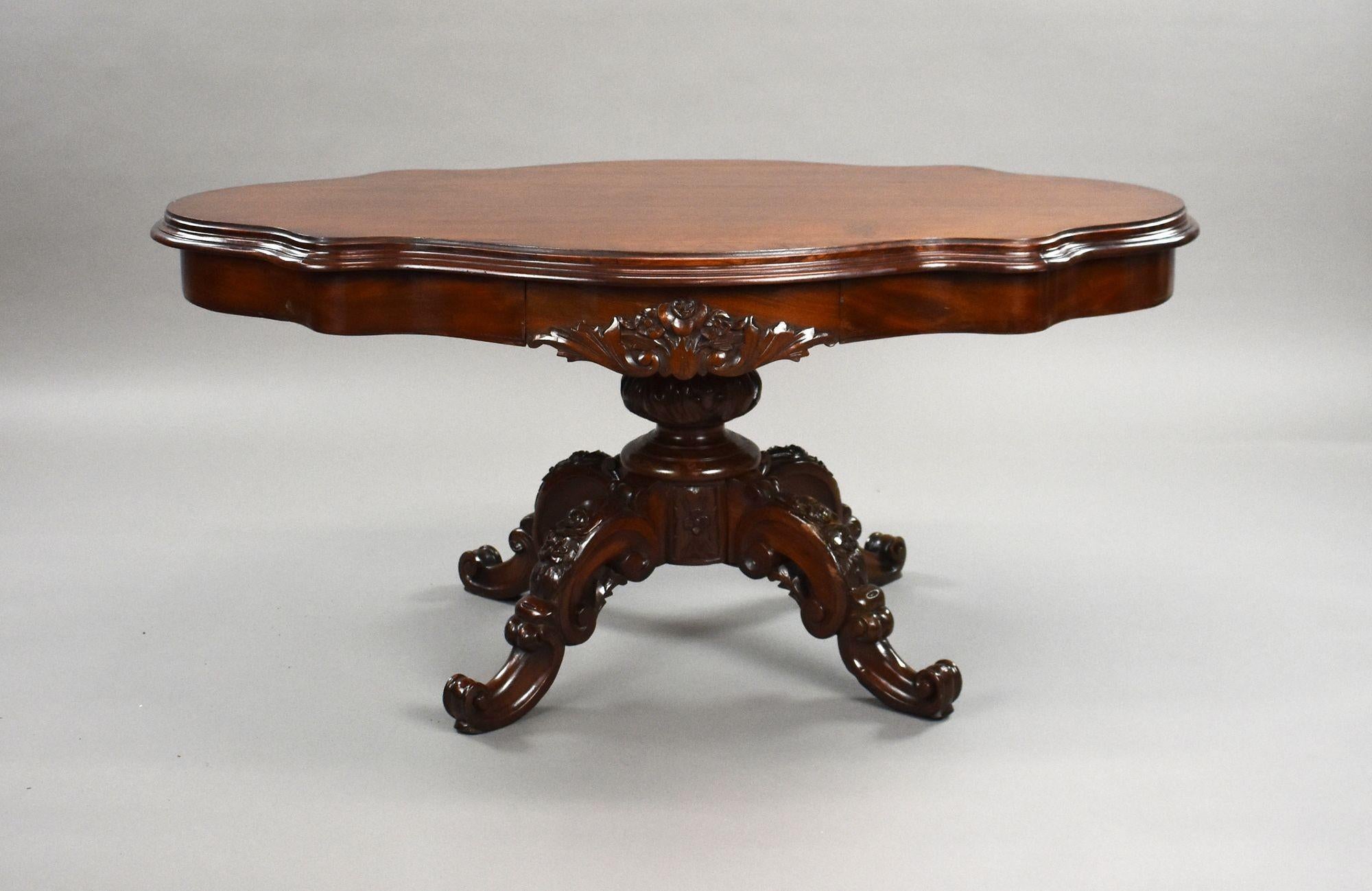 19th Century Carved Mahogany Coffee Table
Item Code: 1269
A superb 19th century carved mahogany coffee table of striking form and fine craftsmanship. The shaped moulded top sits over a frieze incorporating two concealed side drawers, offering