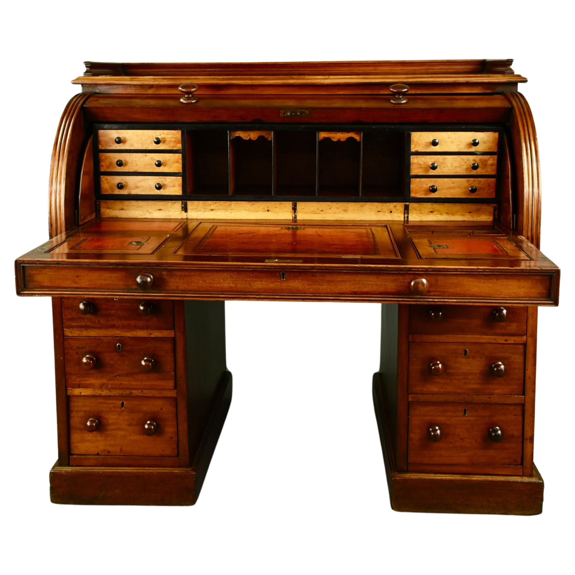 19th century mahogany cylinder top pedestal desk secretary 