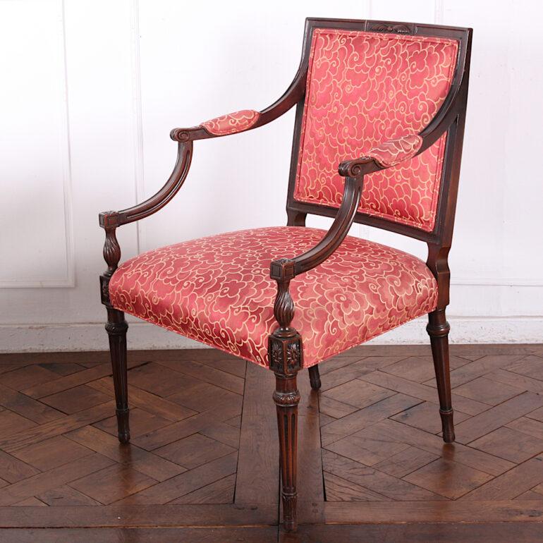 A fine and elegantly-proportioned French 19th century armchair or ‘fauteuil’ in mahogany with carved neoclassical details and raised on turned tapering legs. Recently upholstered; comfortable and sturdy and suitable for everyday use.



 

