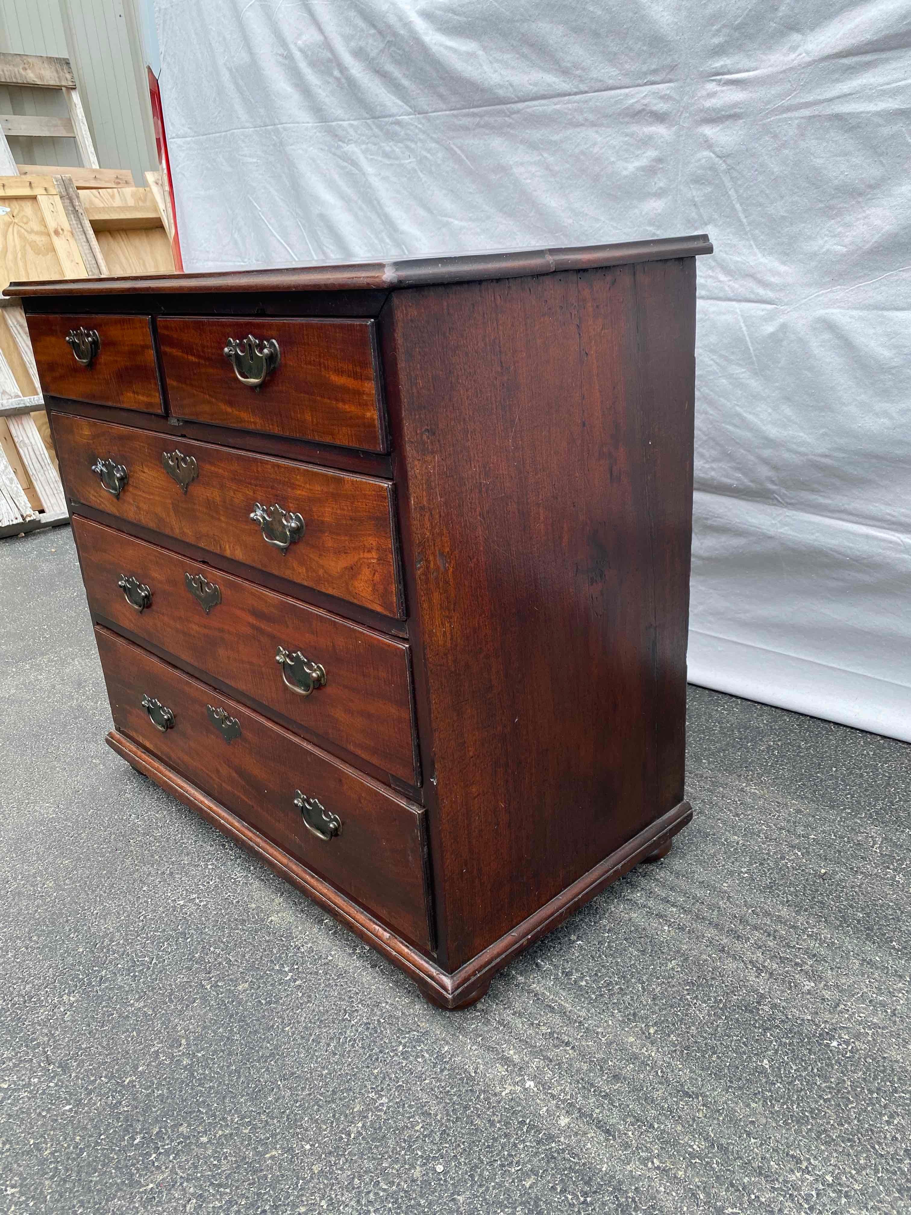 19th century Mahogany chest of drawers with molded top above 2 over 3 drawer configuration, all featuring brass batwing hardware. Overall lovely, mellow patina.