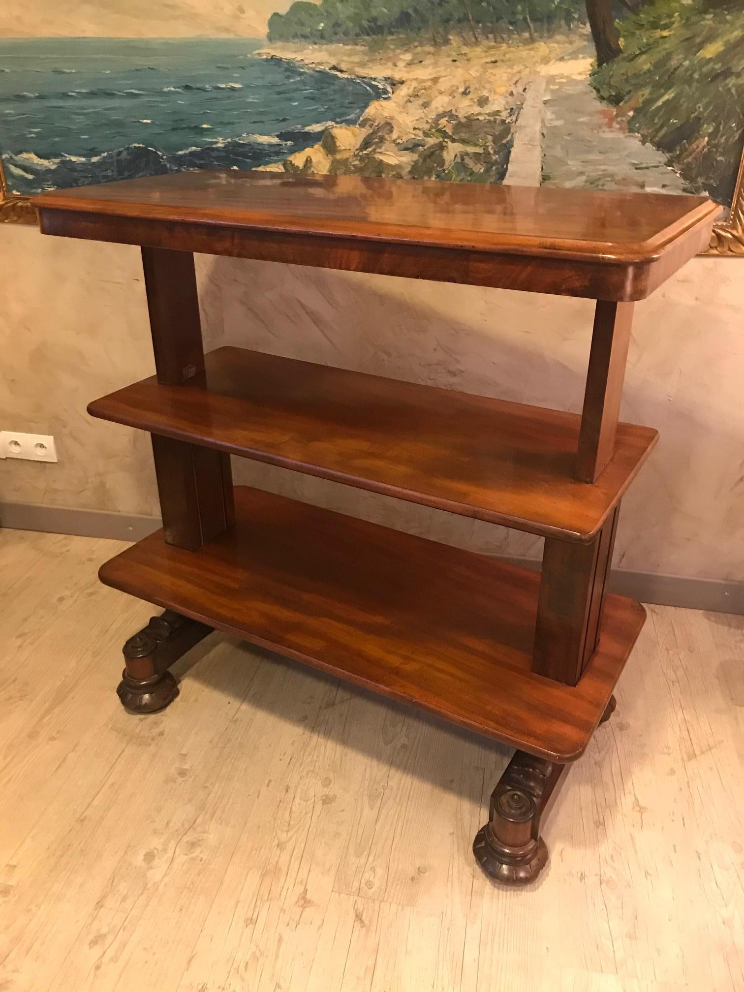 Very nice 19th century Mahogany English style console from the 1880s. 
Three shelves, the two last can be moved up and down thanks to a rope system. 
Very original and useful. Very nice style and good condition.