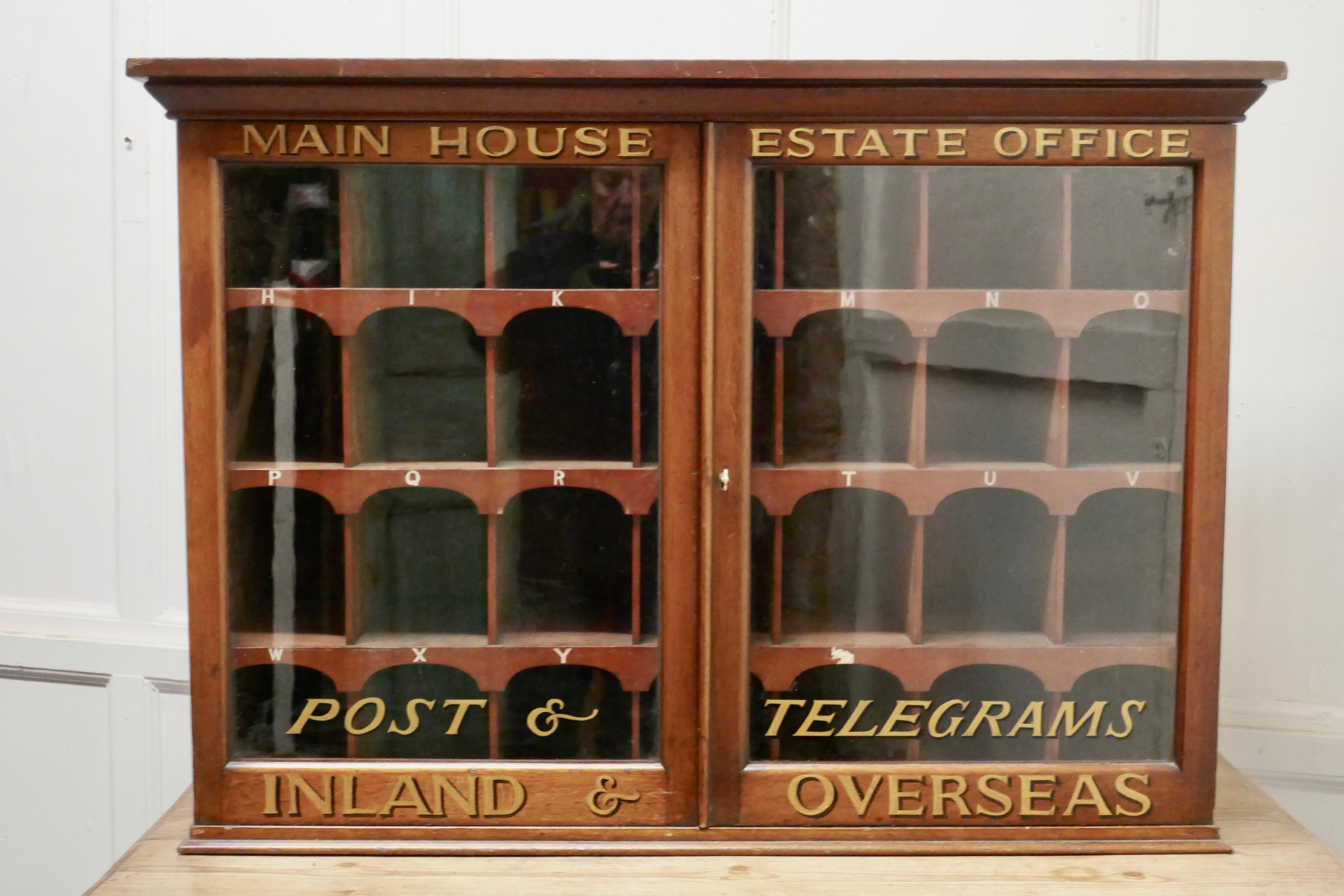 19th century mahogany estate office mail cupboard

This is a wonderful piece, made in mahogany, this is country house piece for the distribution of letters. The 2 glazed doors enclose 28 pigeon holes on the inside 
The cupboard it is in good