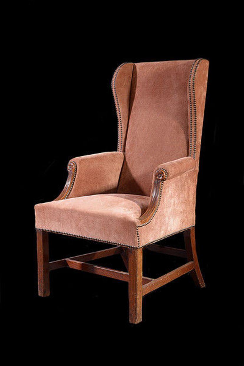 English 19th Century Mahogany Framed Wing Armchair with Peach Suede Upholstery