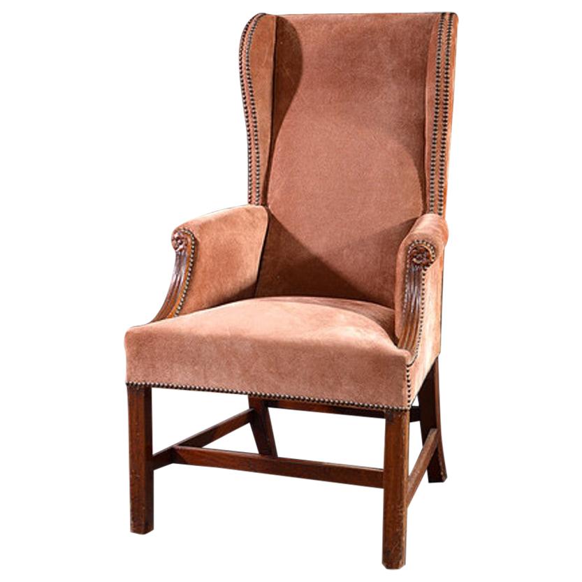 19th Century Mahogany Framed Wing Armchair with Peach Suede Upholstery