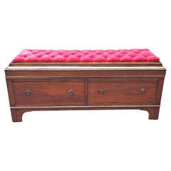19th Century Mahogany Inlaid and Tufted Velvet Two-Drawer Storage Bench
