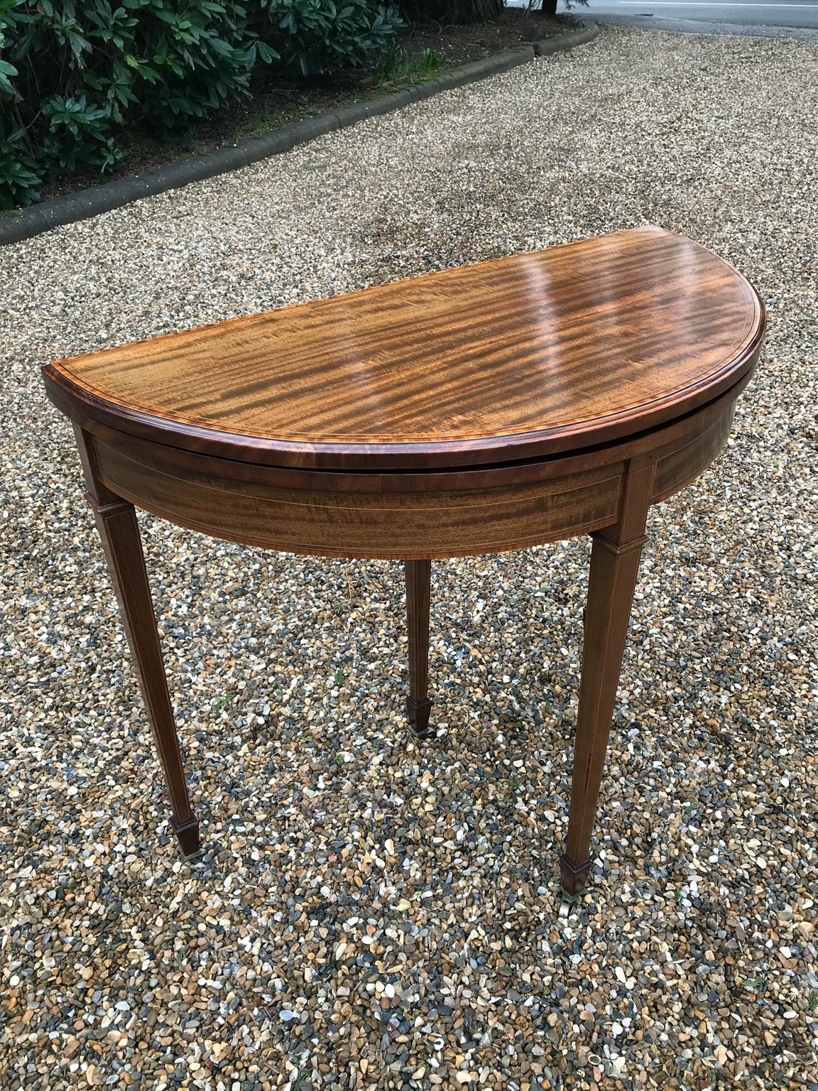 Late Victorian 19th Century Mahogany Inlaid Fold-Over Demilune Card Table / Games Table For Sale