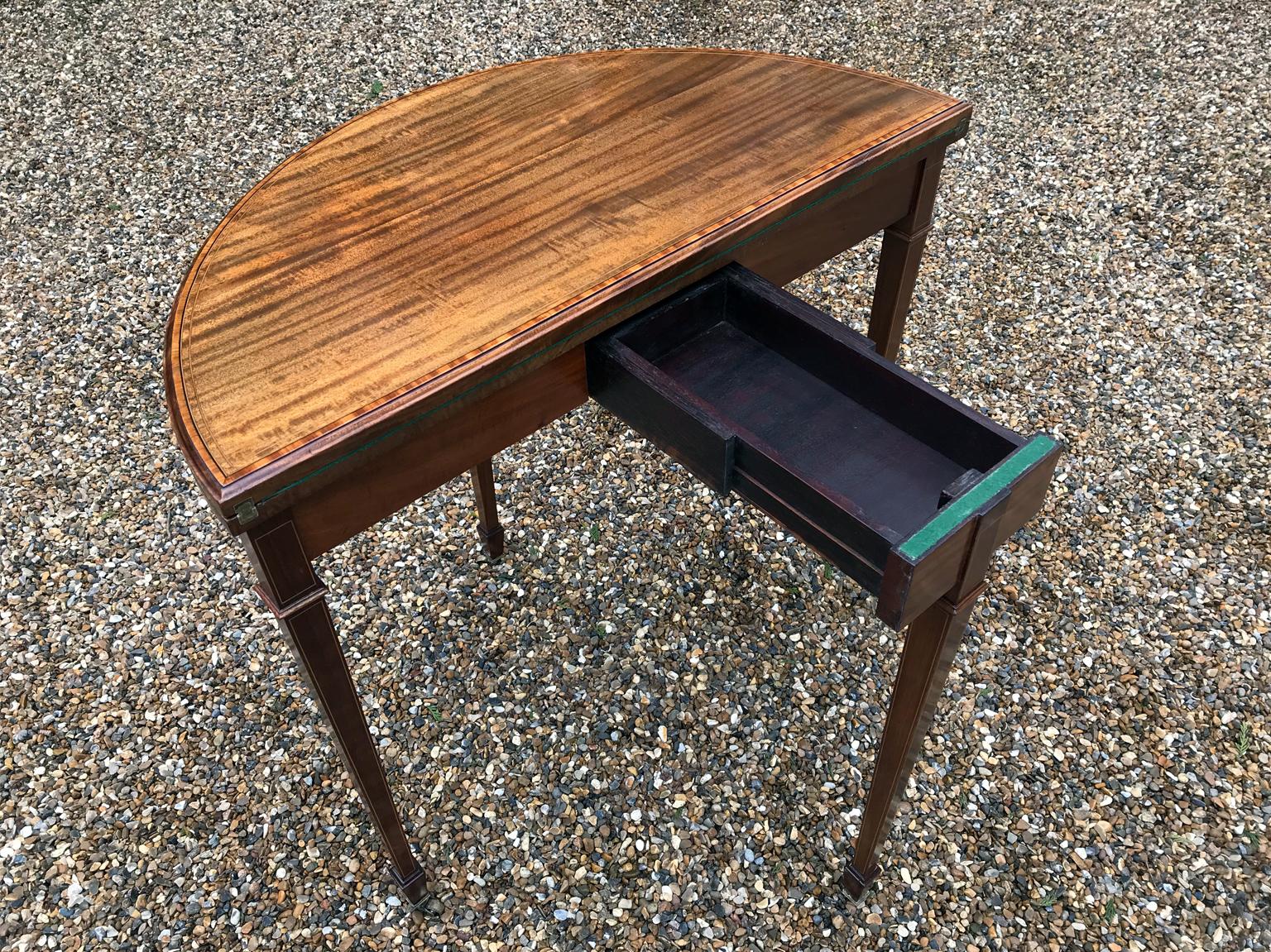 British 19th Century Mahogany Inlaid Fold-Over Demilune Card Table / Games Table For Sale