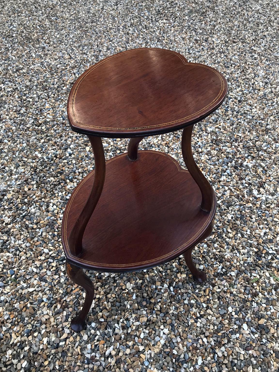 Victorian 19th Century Mahogany Inlaid Heart Shaped Occasional Table with Two Tiers