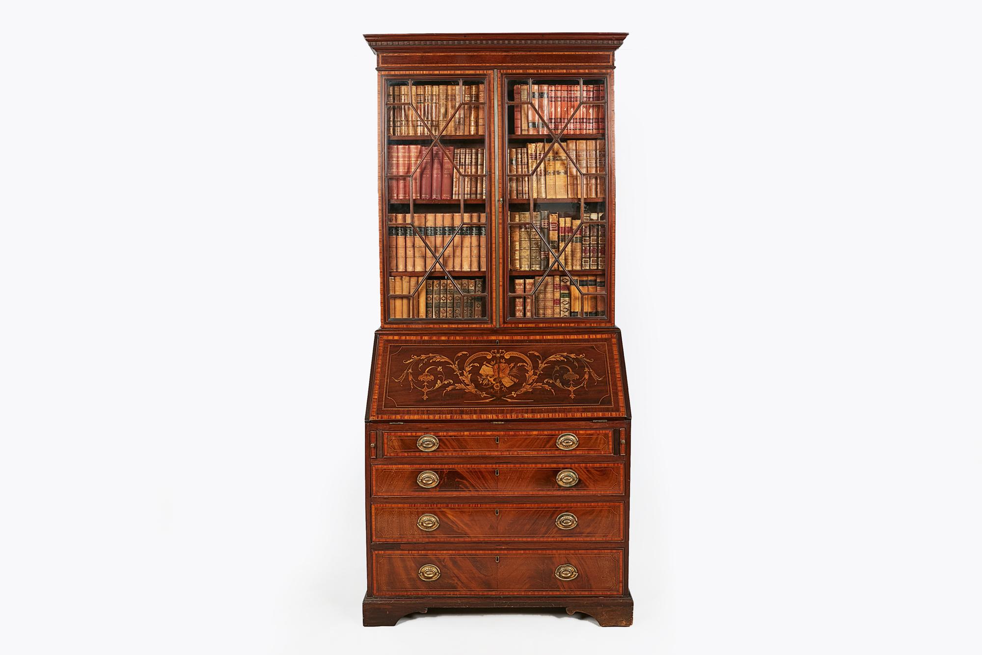 19th Century Mahogany Inlaid Slope Front Secretaire Bookcase In Good Condition For Sale In Dublin 8, IE