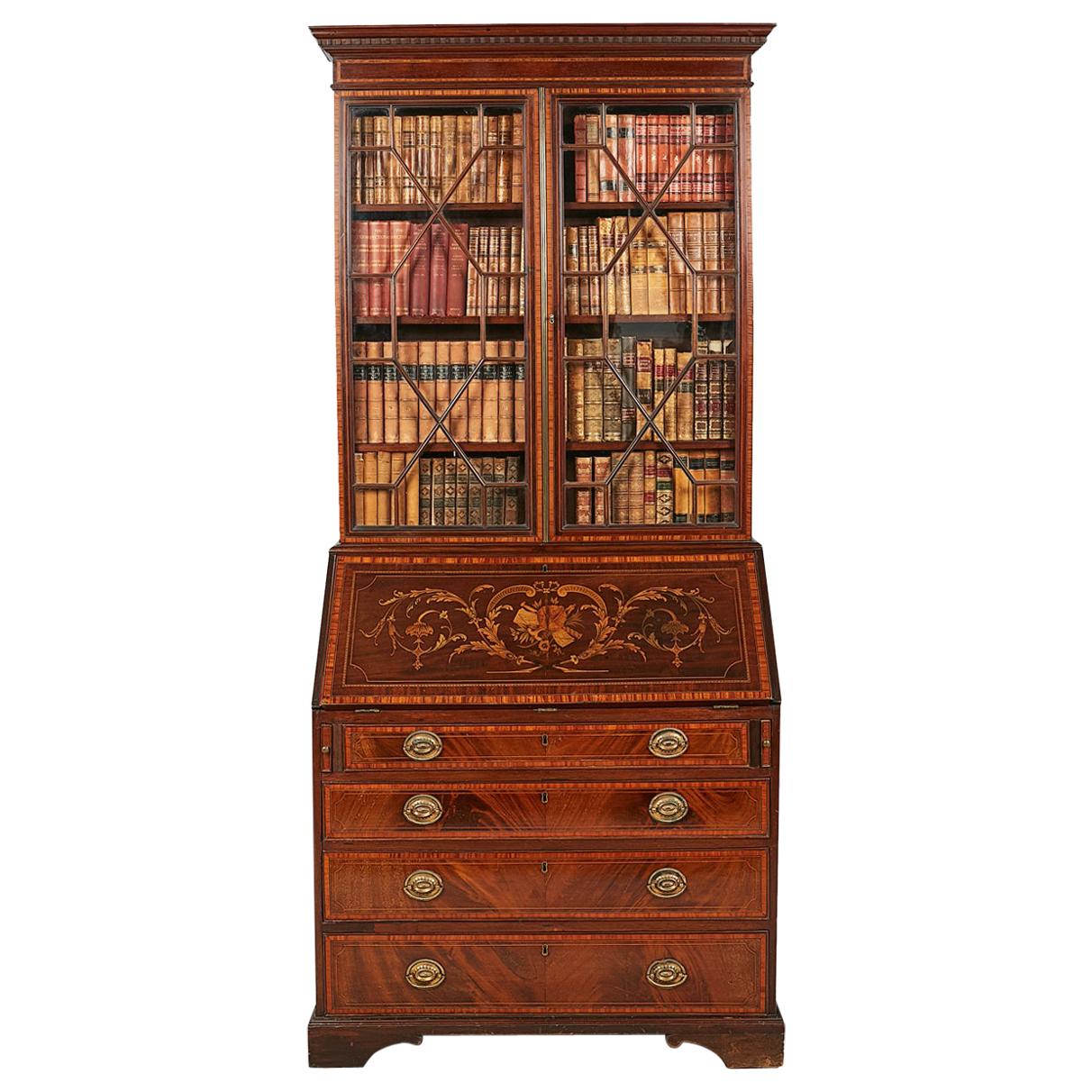 19th Century Mahogany Inlaid Slope Front Secretaire Bookcase For Sale