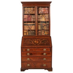 Antique 19th Century Mahogany Inlaid Slope Front Secretaire Bookcase