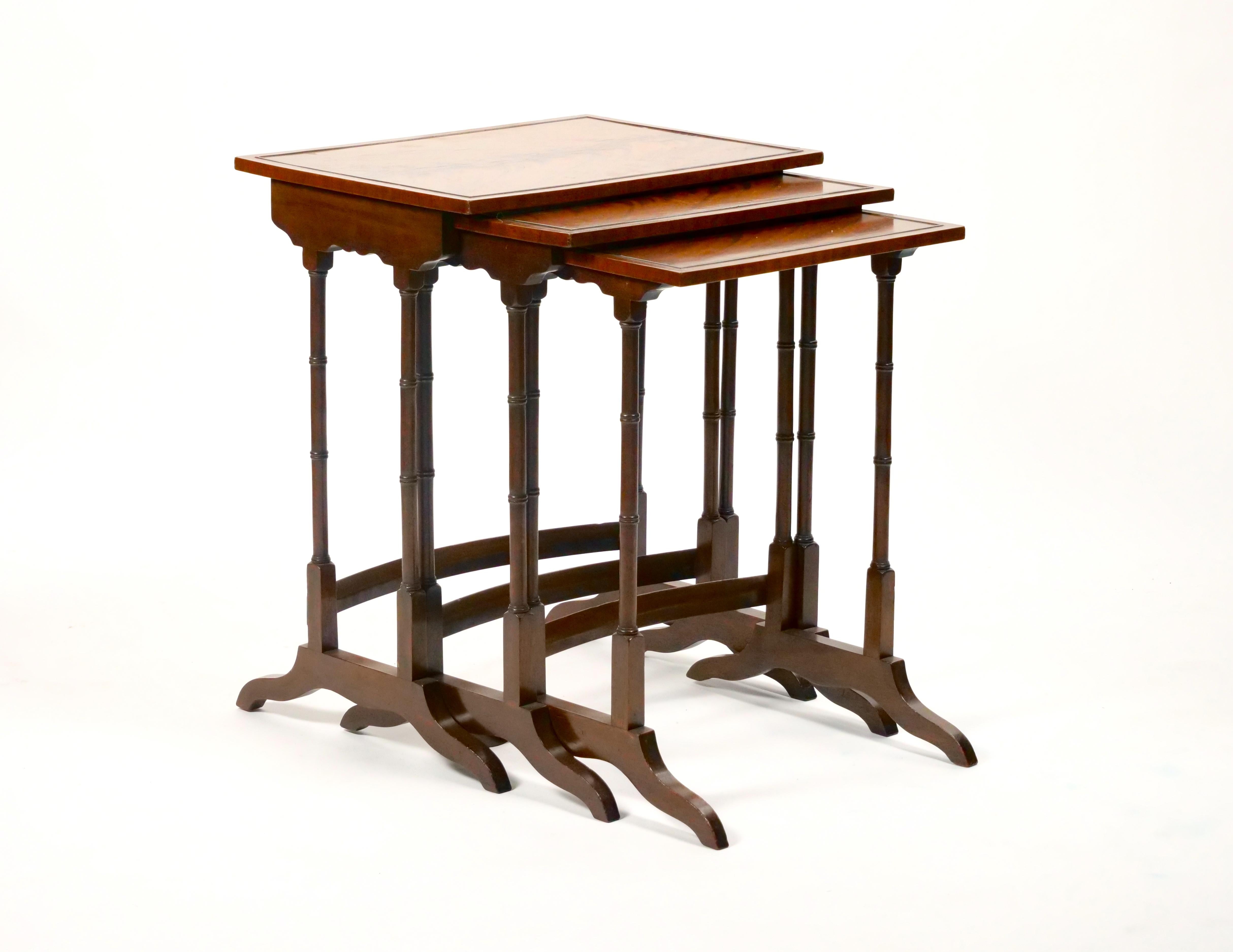 Enhance your living space with this set of 19th Century English Burl Mahogany Wood Stacking Tables, a charming and versatile addition to your home decor.
The burl mahogany wood inlaid tops add character and depth to the design, creating a sense of