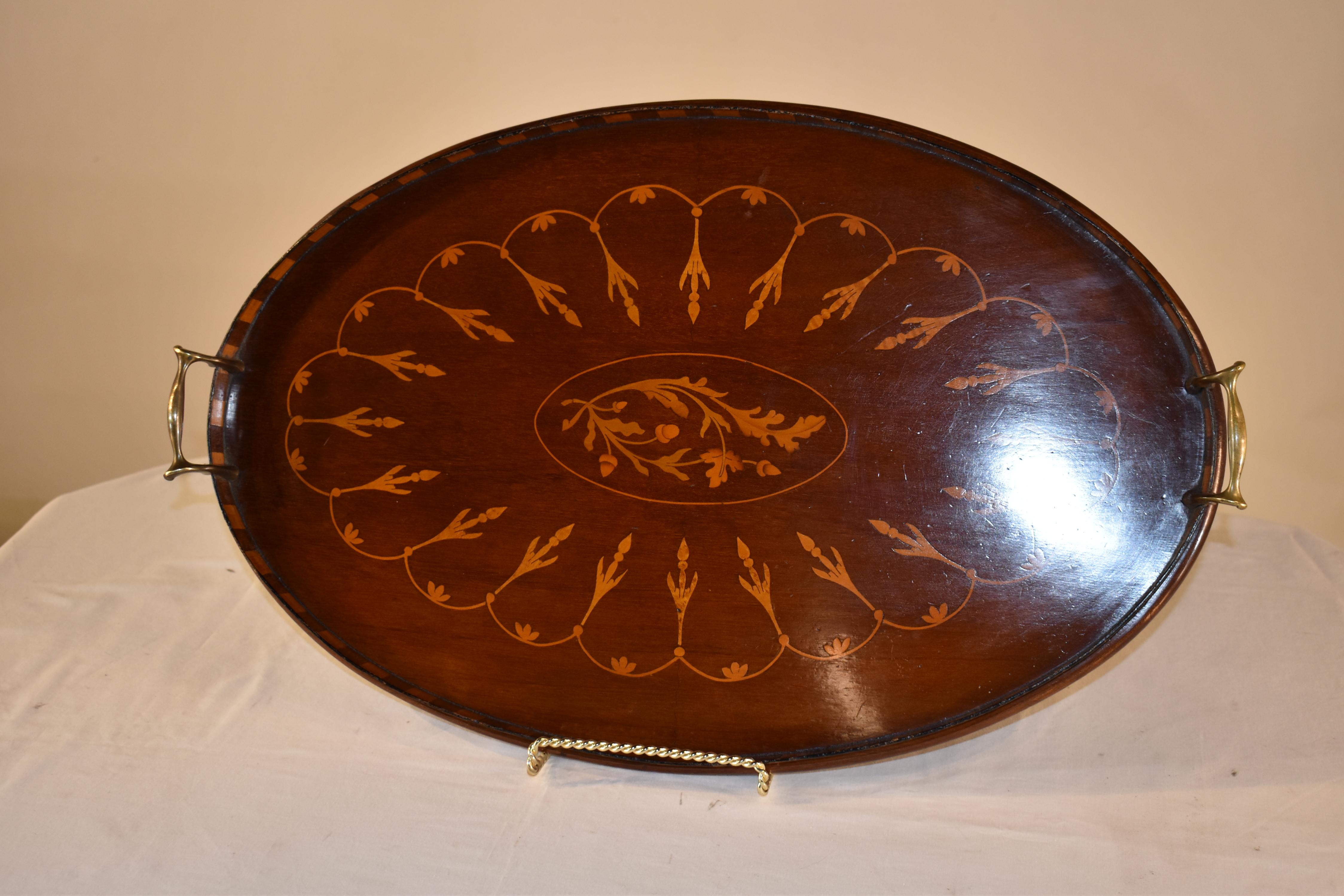 Brass 19th Century Mahogany Inlaid Tray For Sale