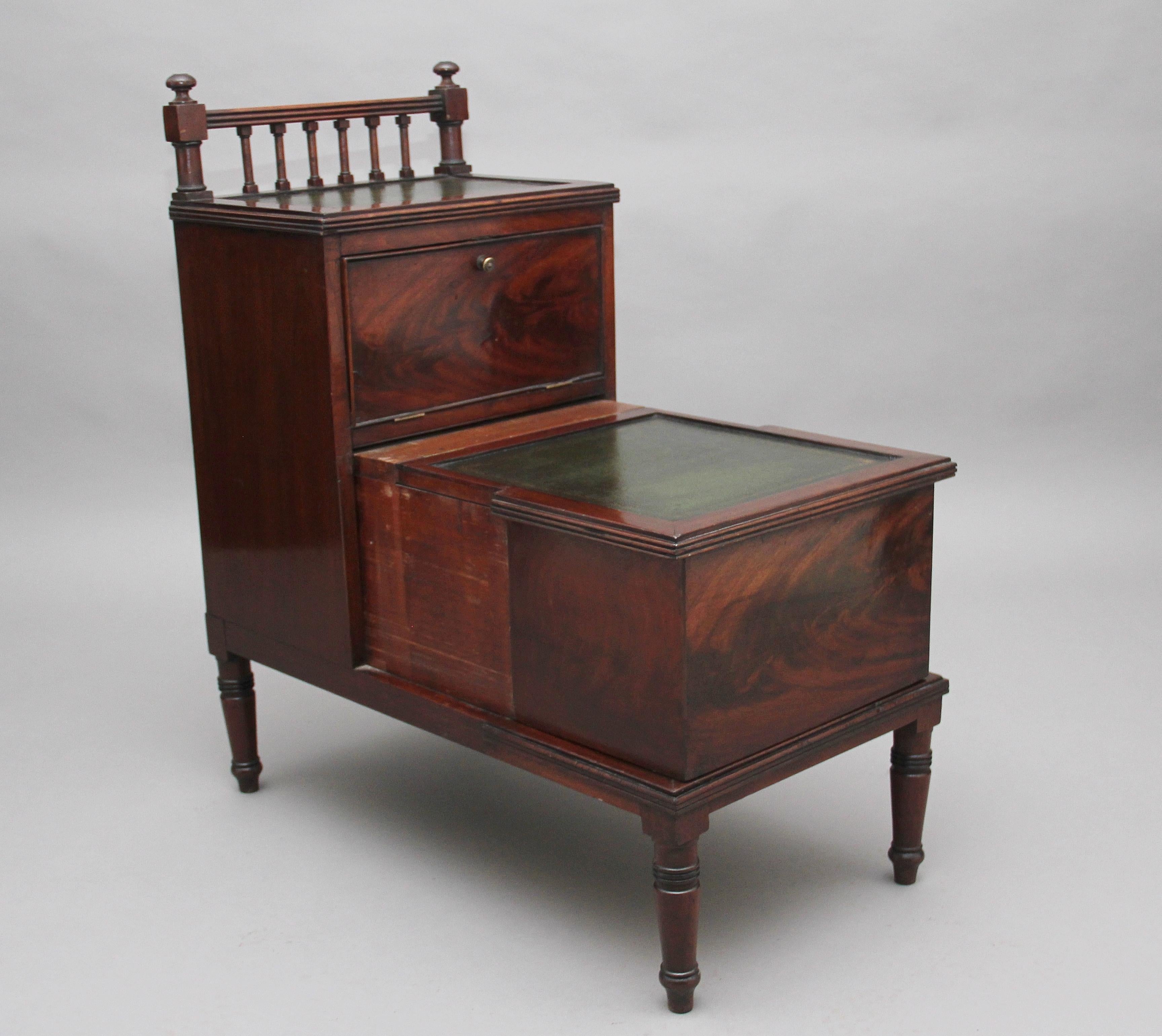 Set of 19th century mahogany library steps / step commode, the three steps having a green leather with blind and gold tooling, the top step having a turned gallery and the front panel lifts down to reveal a compartment, the middle section pulls out
