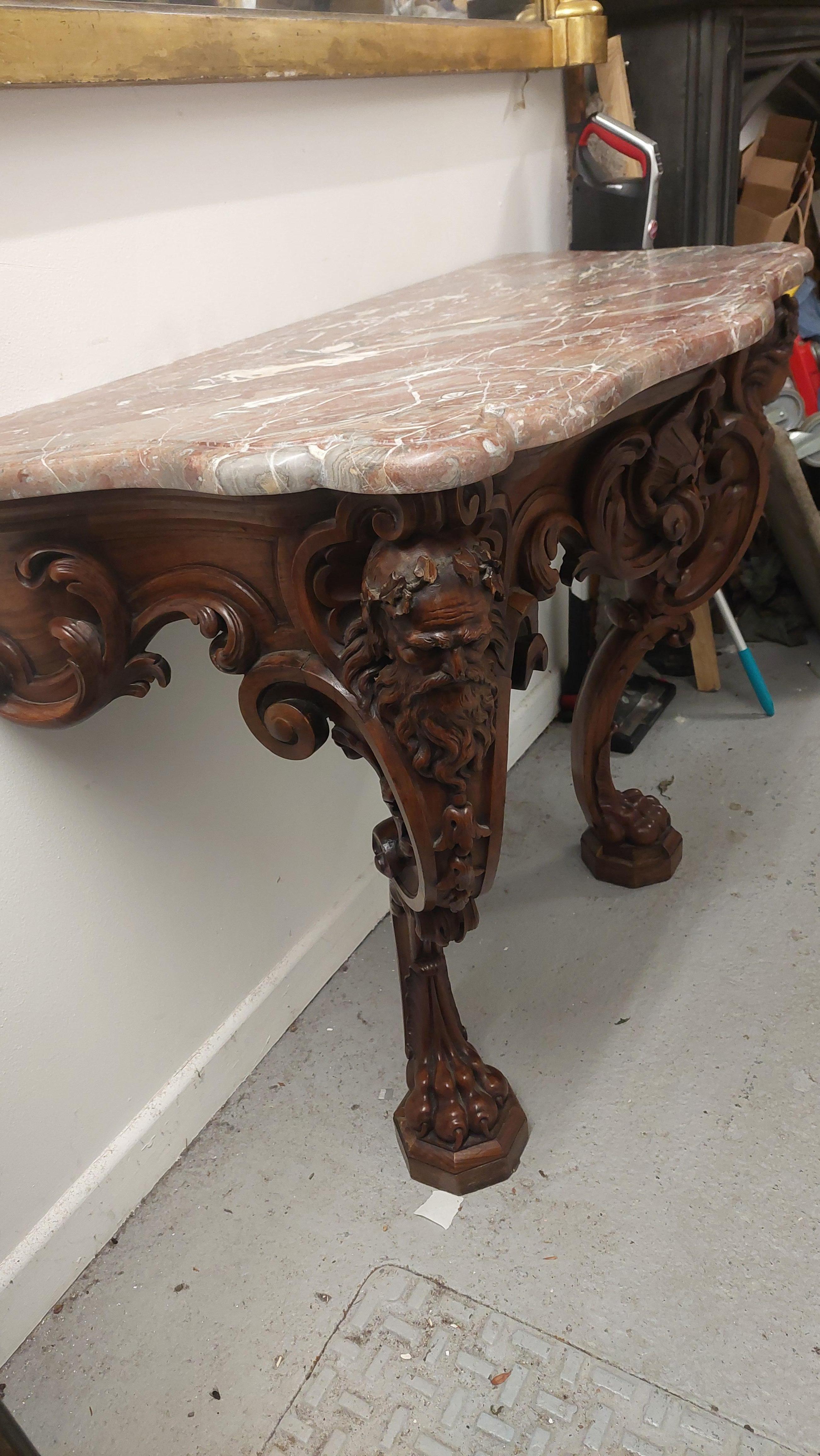 Hand-Carved 19th Century Mahogany Marble Top Serpentine Console Table For Sale