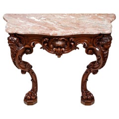 Table console serpentine en acajou du XIXe siècle à plateau de marbre