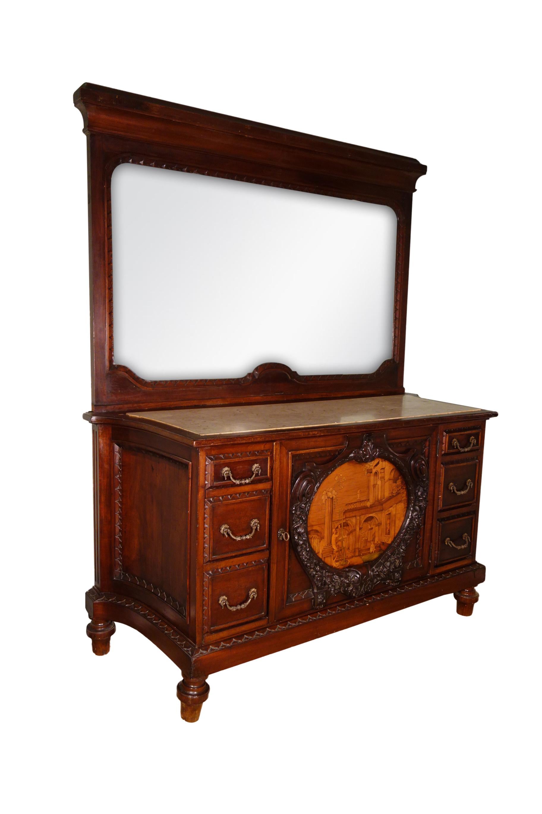 Impressive 19th century 6-drawer dresser cabinet, finely crafted of carved mahogany solids, including large older period salvage framed medallion of perspective marquetry composed in a variety of wood inlay species, attributed to the Giovanni