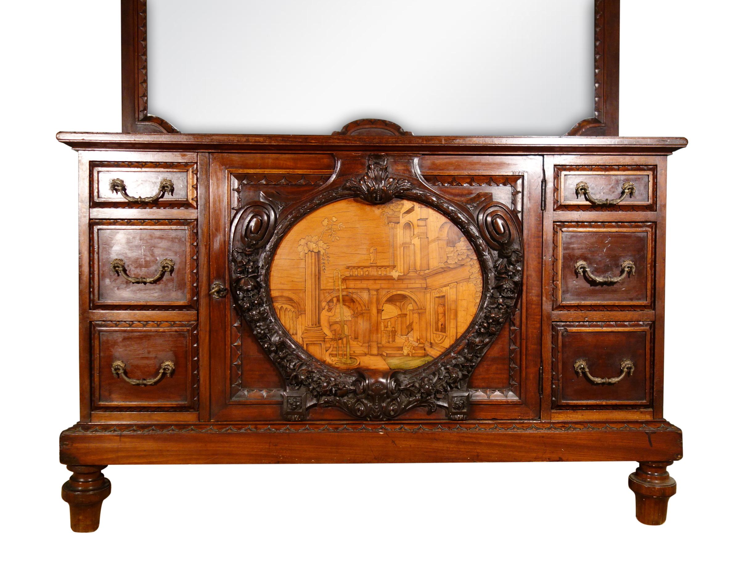 Romantic 19th Century Mahogany & Marquetry Dresser with Medallion of Giovanni Maffezzoli