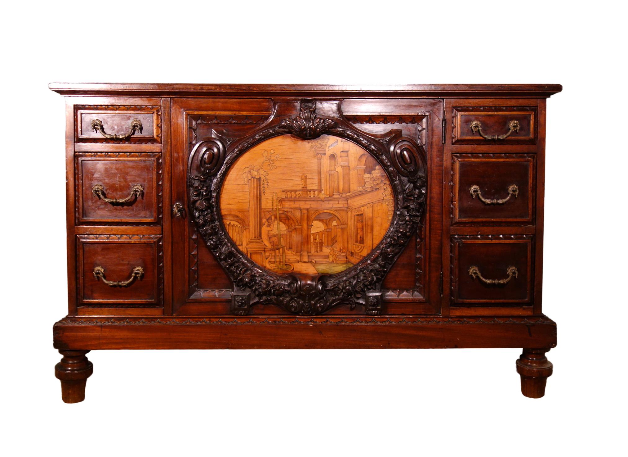 19th Century Mahogany & Marquetry Dresser with Medallion of Giovanni Maffezzoli In Good Condition In Encinitas, CA