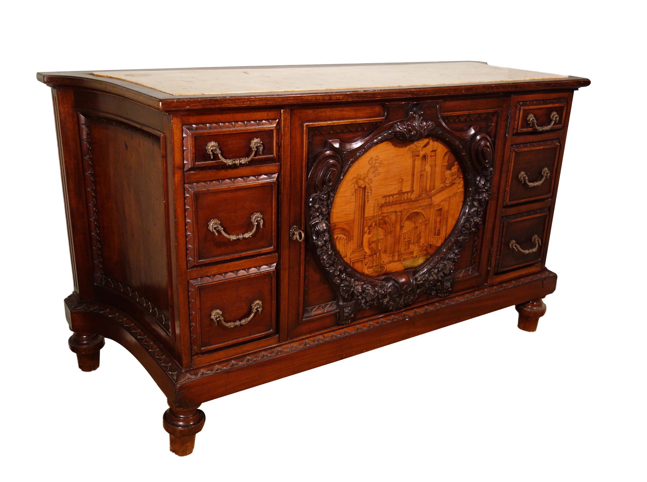 Marble 19th Century Mahogany & Marquetry Dresser with Medallion of Giovanni Maffezzoli For Sale
