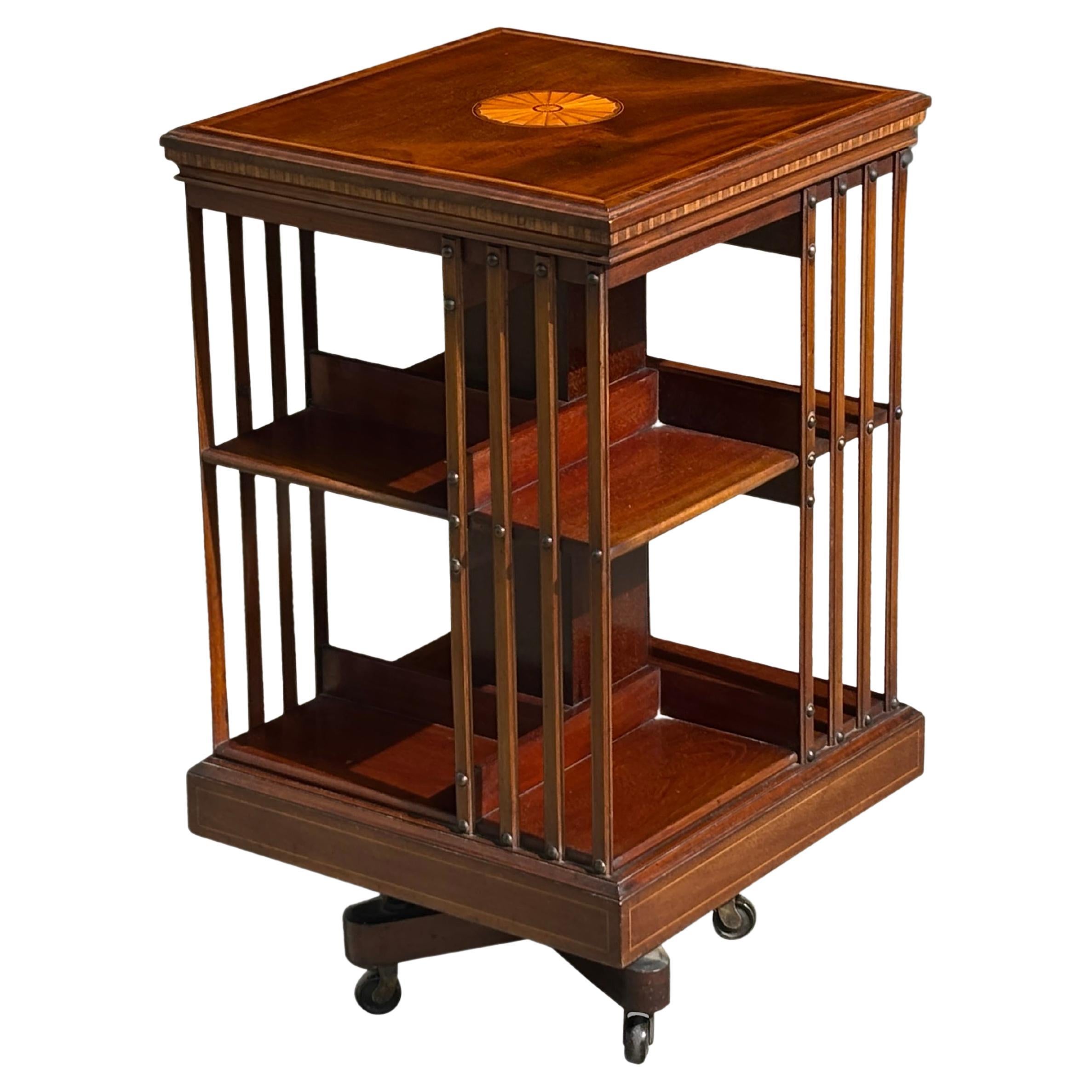 19th Century Mahogany & Marquetry Revolving Bookcase For Sale