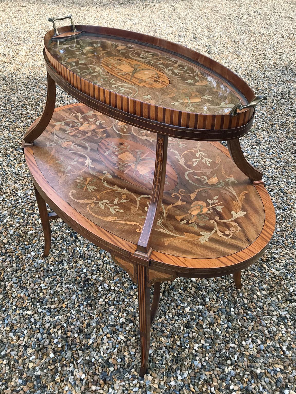 Early Victorian 19th Century Mahogany Marquetry Tier Tray Table by S & H Jewell, London For Sale