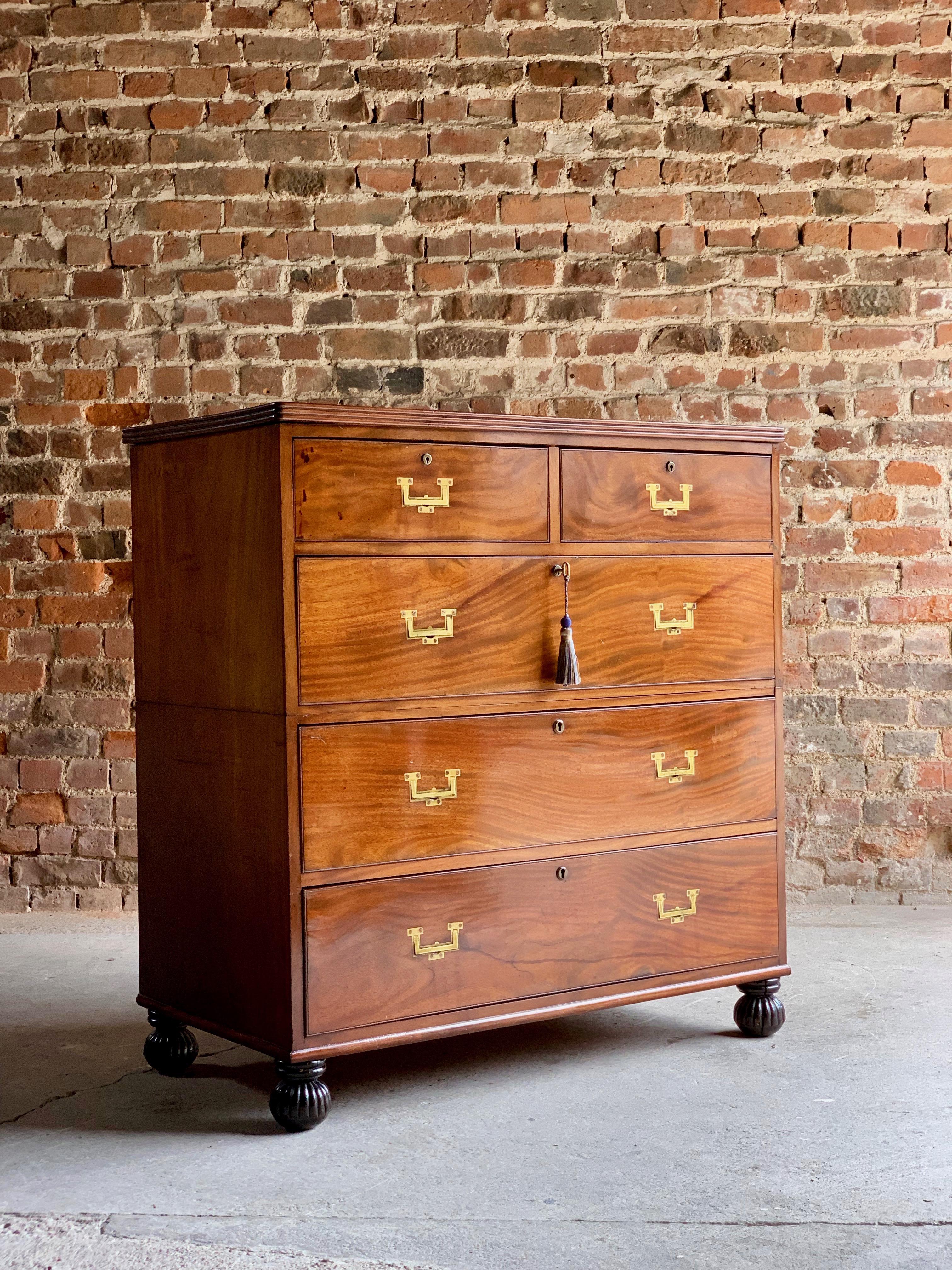 19th century mahogany Military Campaign chest of drawers circa 1850 no: 22.

A magnificent mid-19th century mahogany military campaign chest in two sections circa 1850, fitted with an arrangement of three long and two short drawers, with flush