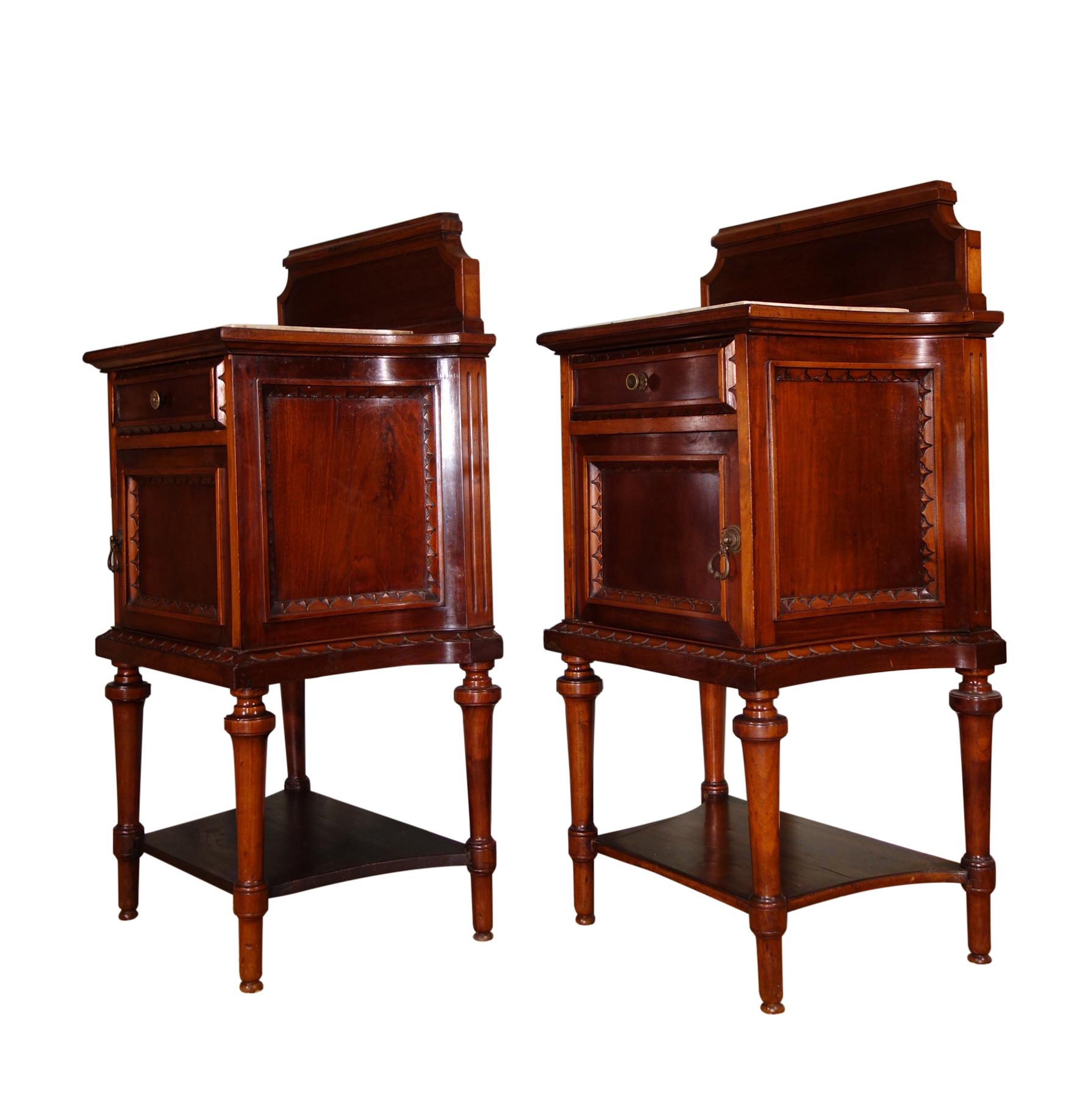 Pair of 19th century 1 drawer and 1 door nightstand tables. Likely commissioned for a noble family to accompany our separately listed King bed frame and dresser with mirror, the handcraft composition and detail is of the finest quality. Cabinet