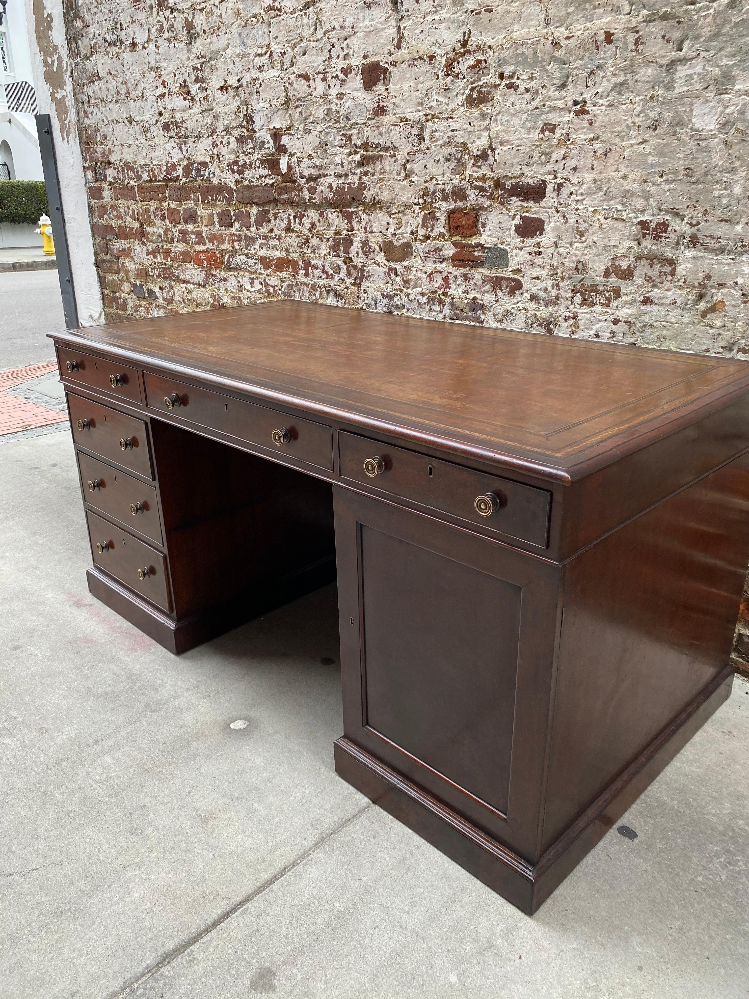 English 19th Century Mahogany Partners Desk with Tooled Leather Writing Surface