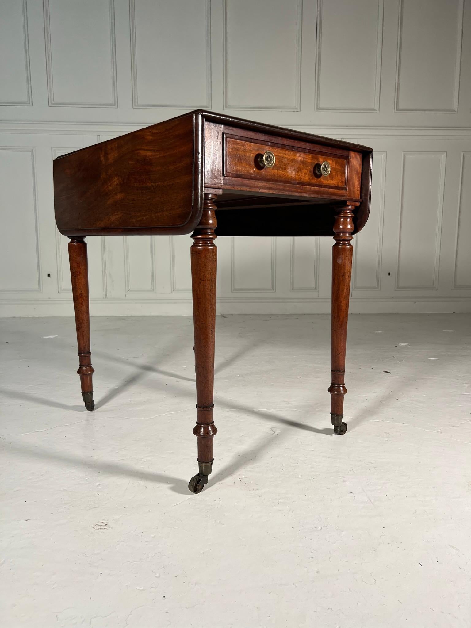 19th Century Mahogany Pembroke Table.

Fine turned legs terminating on brass castors.

Nice clean example.

English C1860

Measurements - 73cm h x 52cm w (closed) / 90cm w (open) x 69cm d
(measurements are approximate and are taken at the