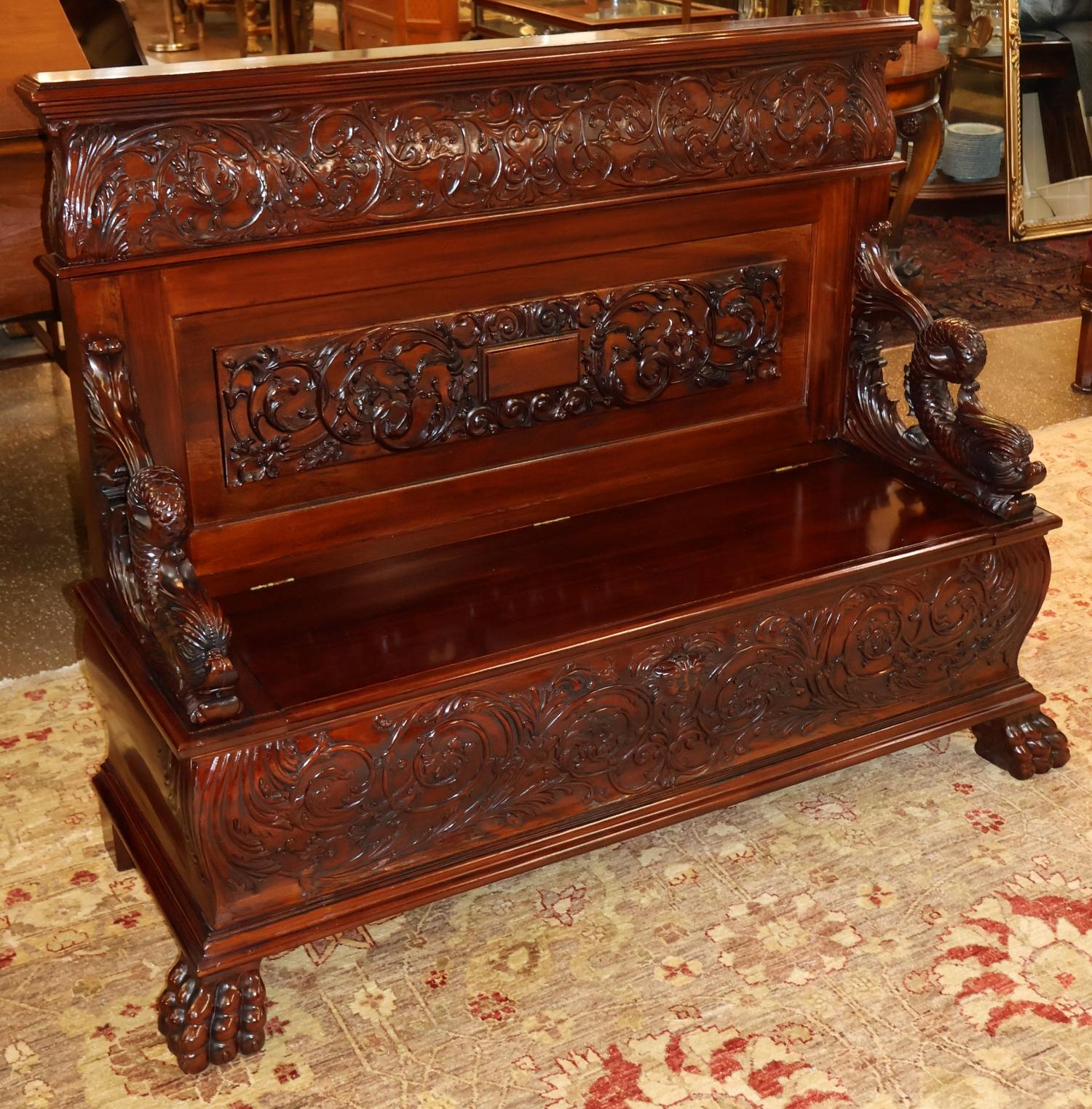 Victorian 19th Century Mahogany Renaissance Revival Carved Bench Settee ATTR to RJ Horner For Sale