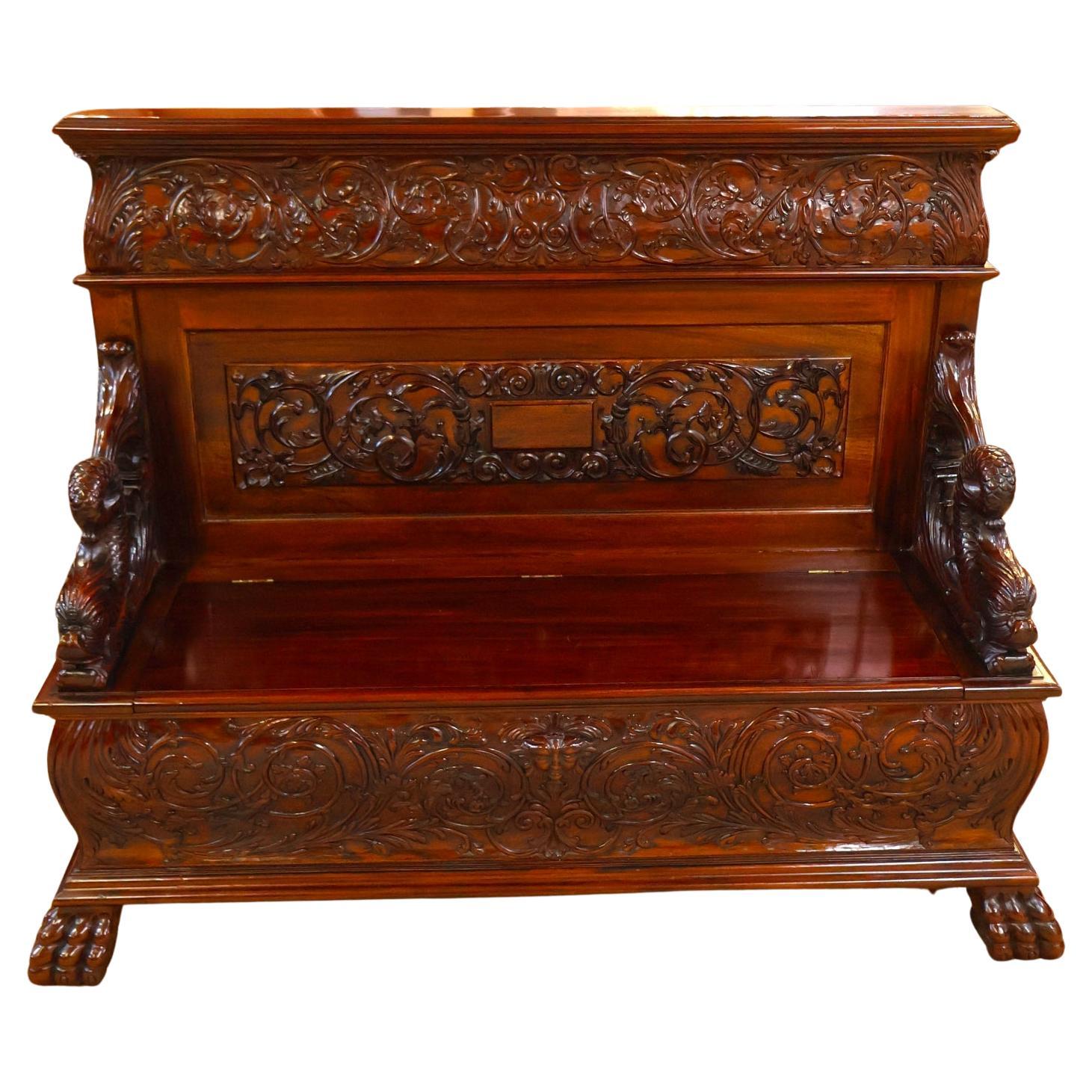19th Century Mahogany Renaissance Revival Carved Bench Settee ATTR to RJ Horner