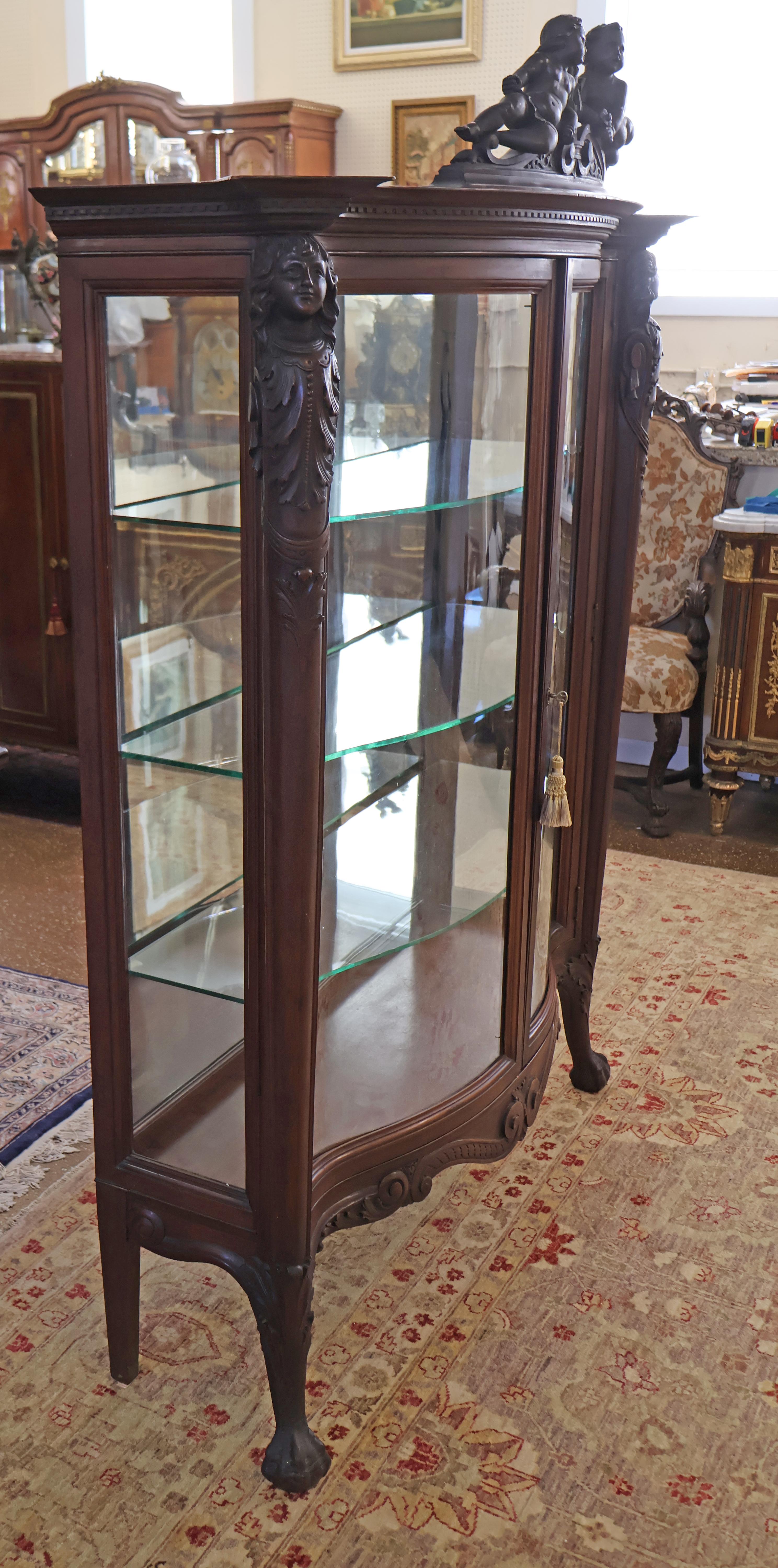19th Century Mahogany Renaissance Revival China Curio Cabinet Attr To RJ Horner In Good Condition For Sale In Long Branch, NJ