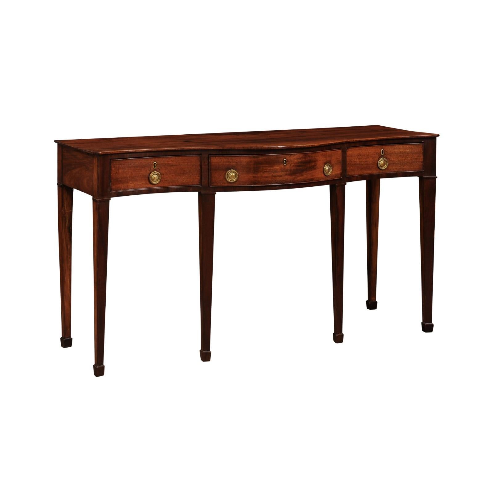 19th Century Mahogany Serving Serpentine Table with 3 Drawers and Square Tapering Legs