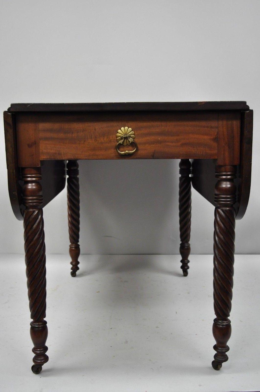 19th Century Mahogany Sheraton Drop Leaf Dining Table Turn Carved Spiral Legs For Sale 3