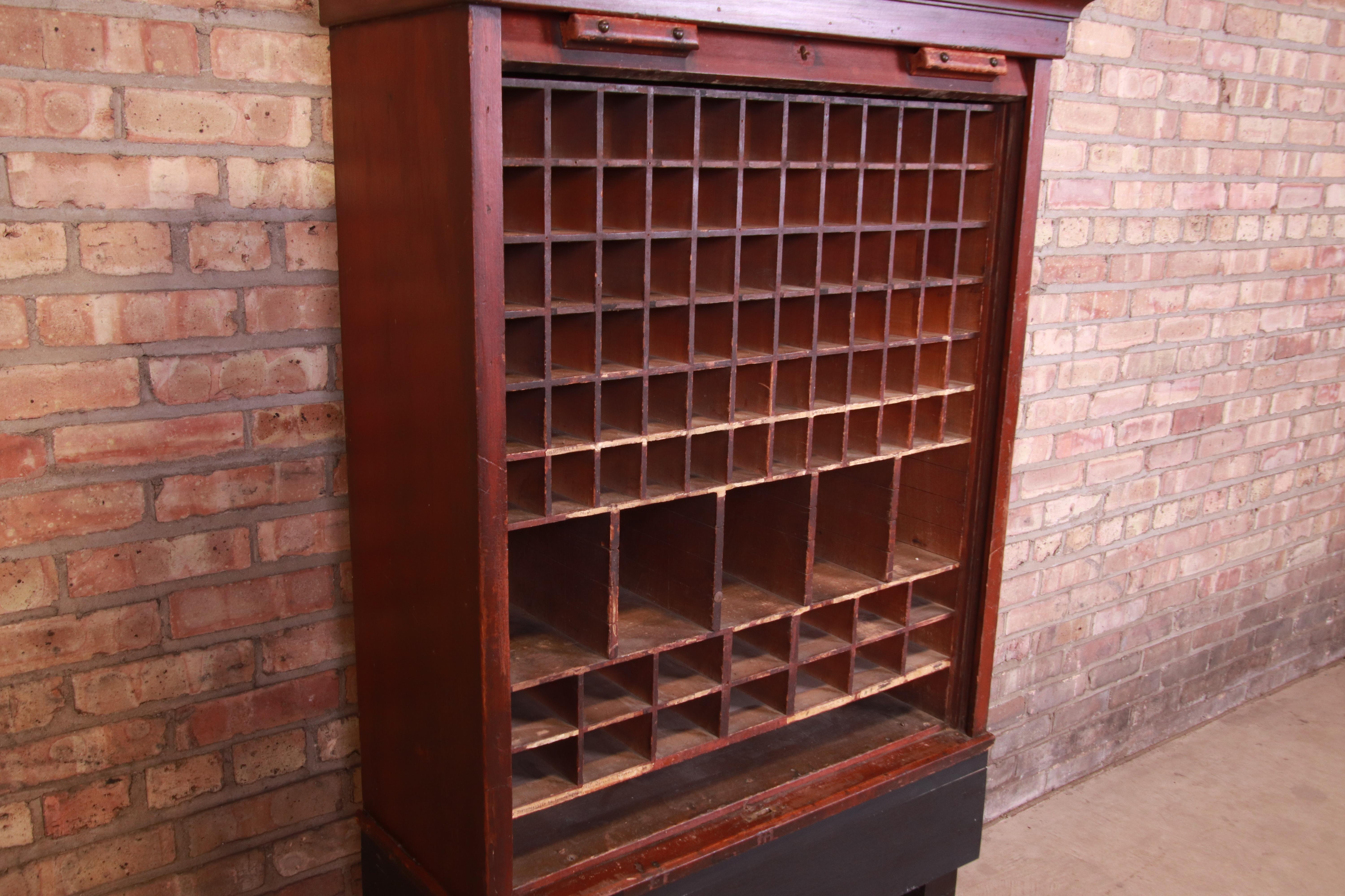 19th Century Mahogany Tambour Door Railroad Ticket Cabinet In Good Condition In South Bend, IN