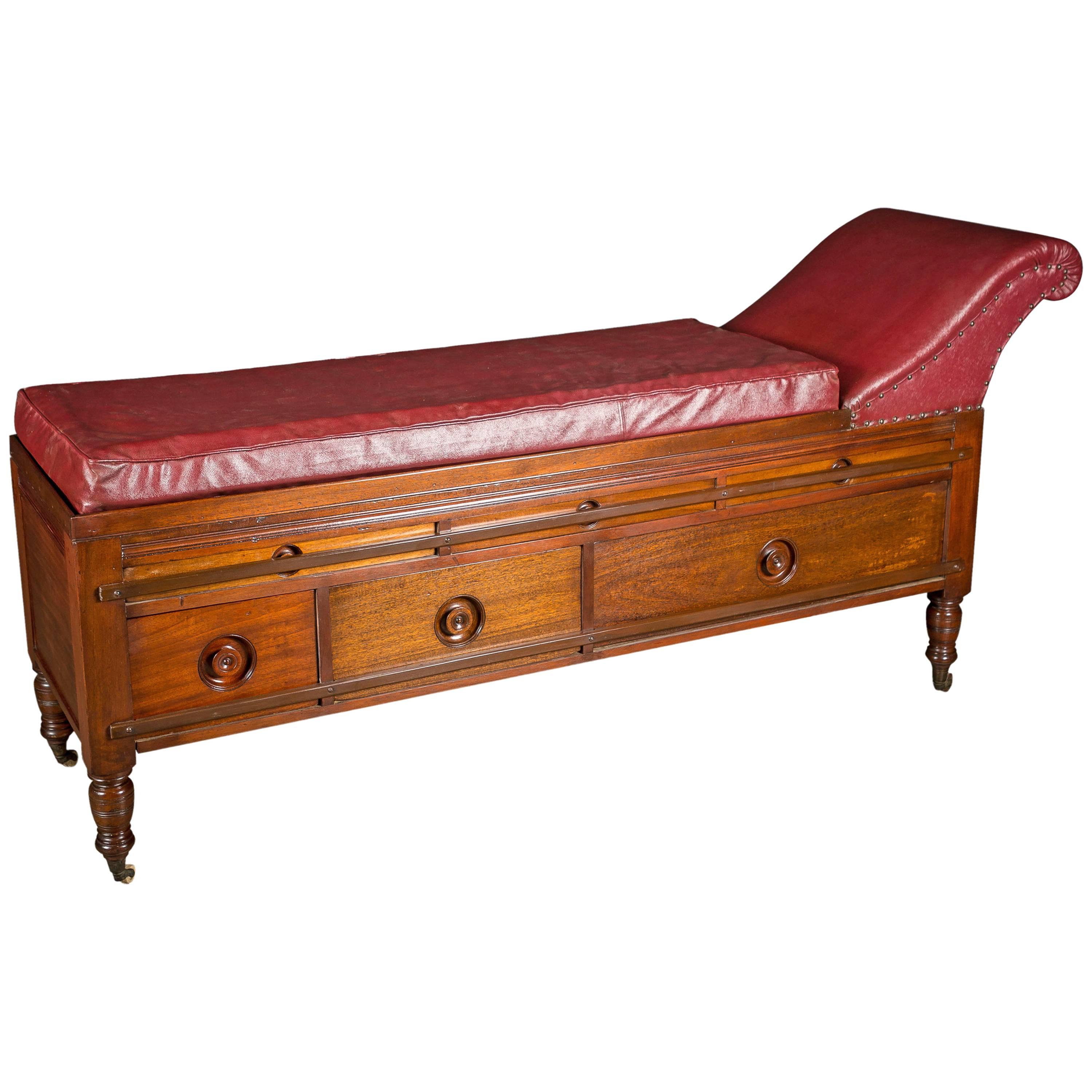 19th Century Mahogany Therapists Couch with Drawers and Inset Handles For Sale