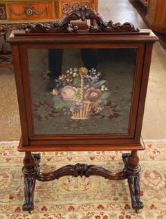 19th Century Mahogany Victorian Rococo Needlepoint Tapestry Fireplace Screen