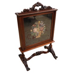 Antique 19th Century Mahogany Victorian Rococo Needlepoint Tapestry Fireplace Screen