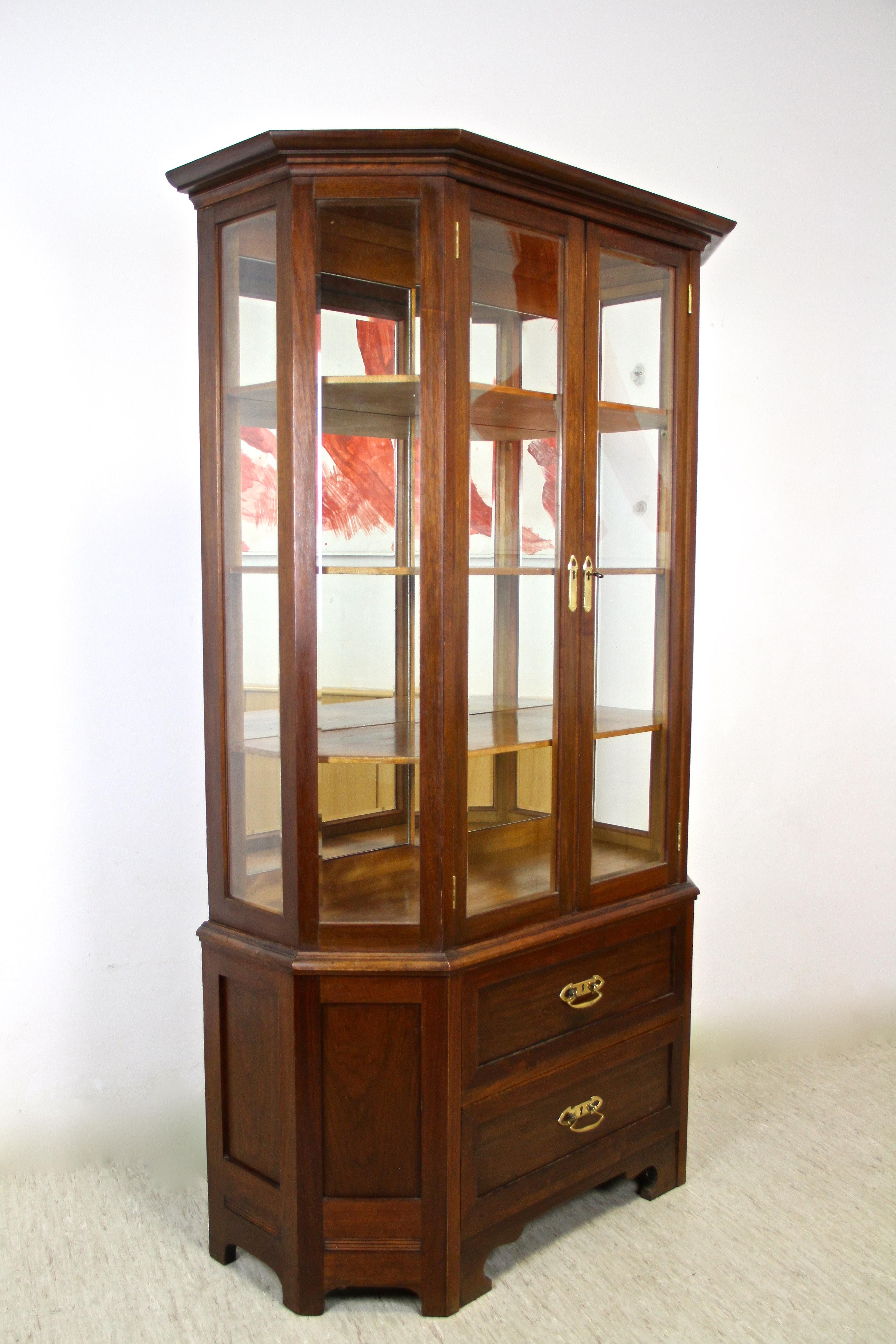 Brass 19th Century Mahogany Vitrine Cabinet with Faceted Glass, Austria, circa 1910 For Sale