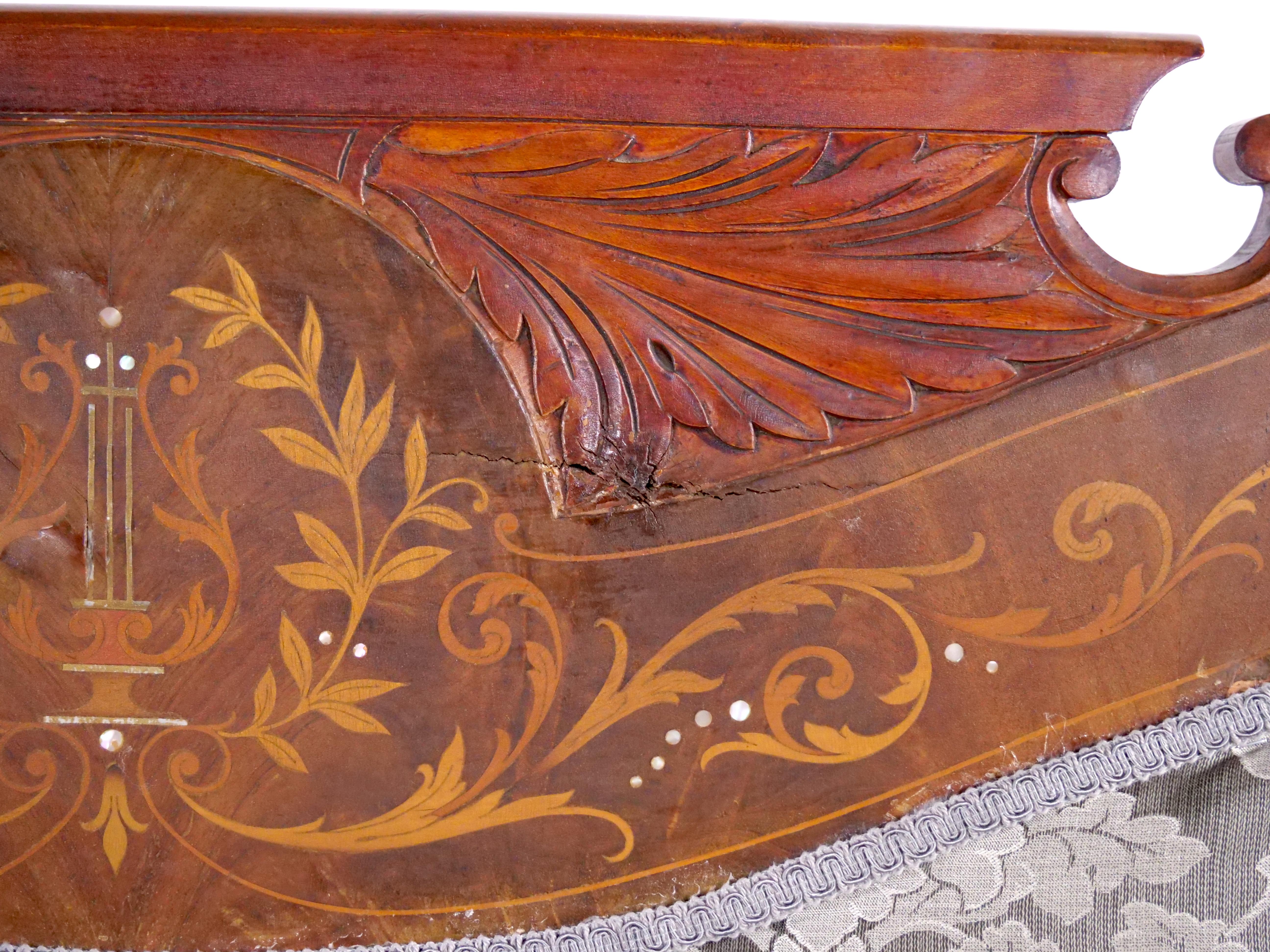 19th Century Mahogany Wood Frame Inlay Marquetry Top Settee  For Sale 2