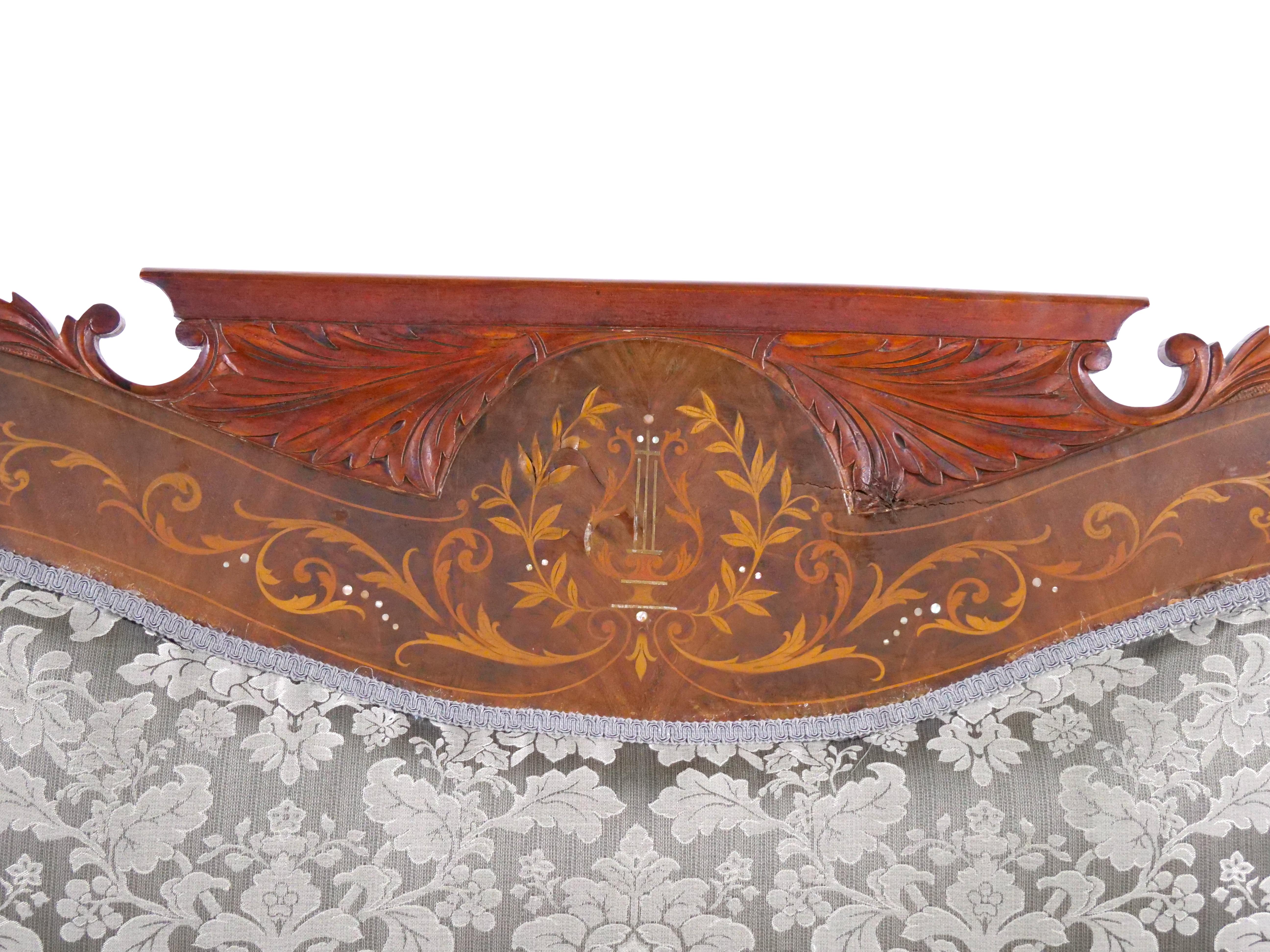 19th Century Mahogany Wood Frame Inlay Marquetry Top Settee  For Sale 4