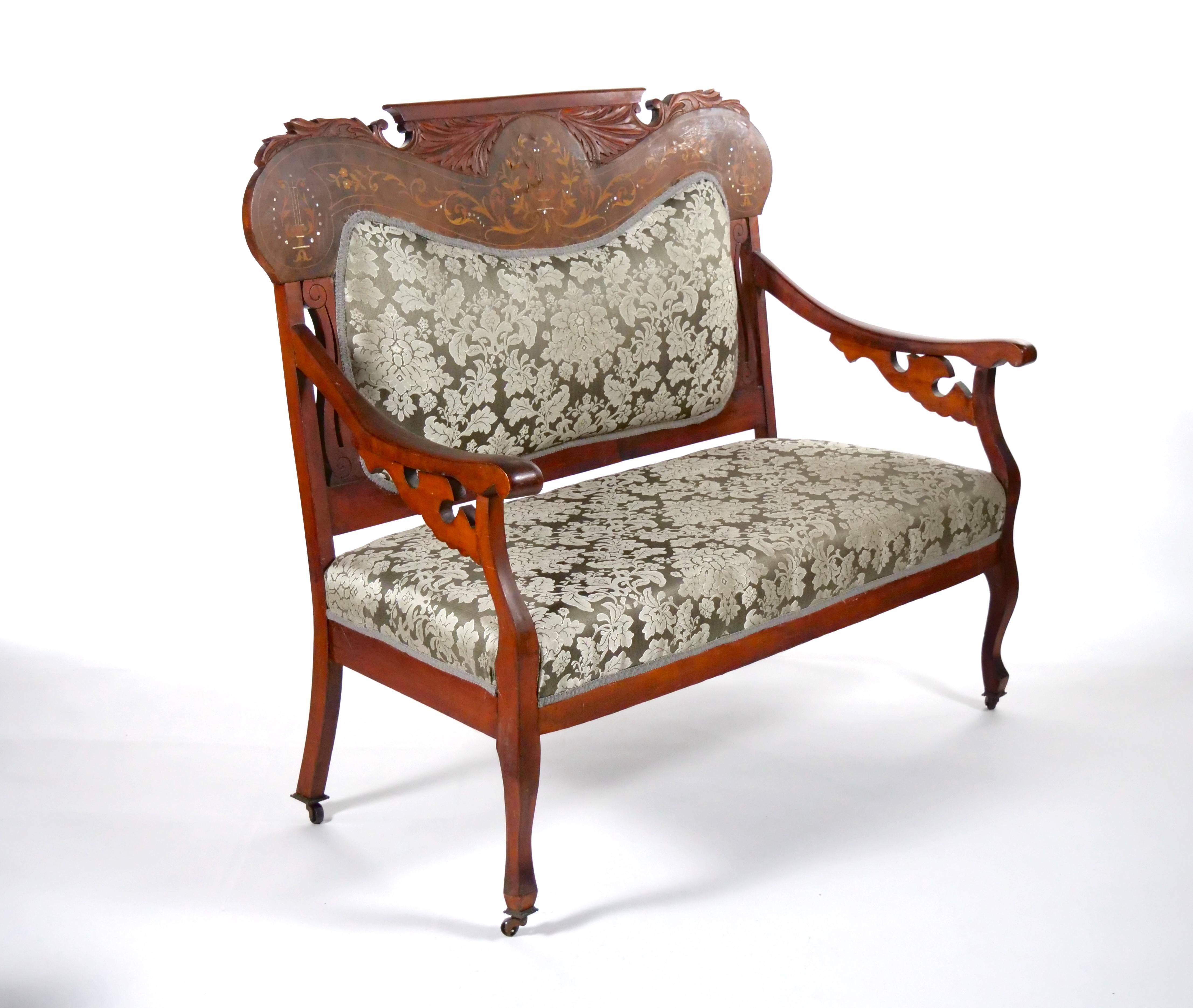 19th Century Mahogany Wood Frame Inlay Marquetry Top Settee  For Sale 7